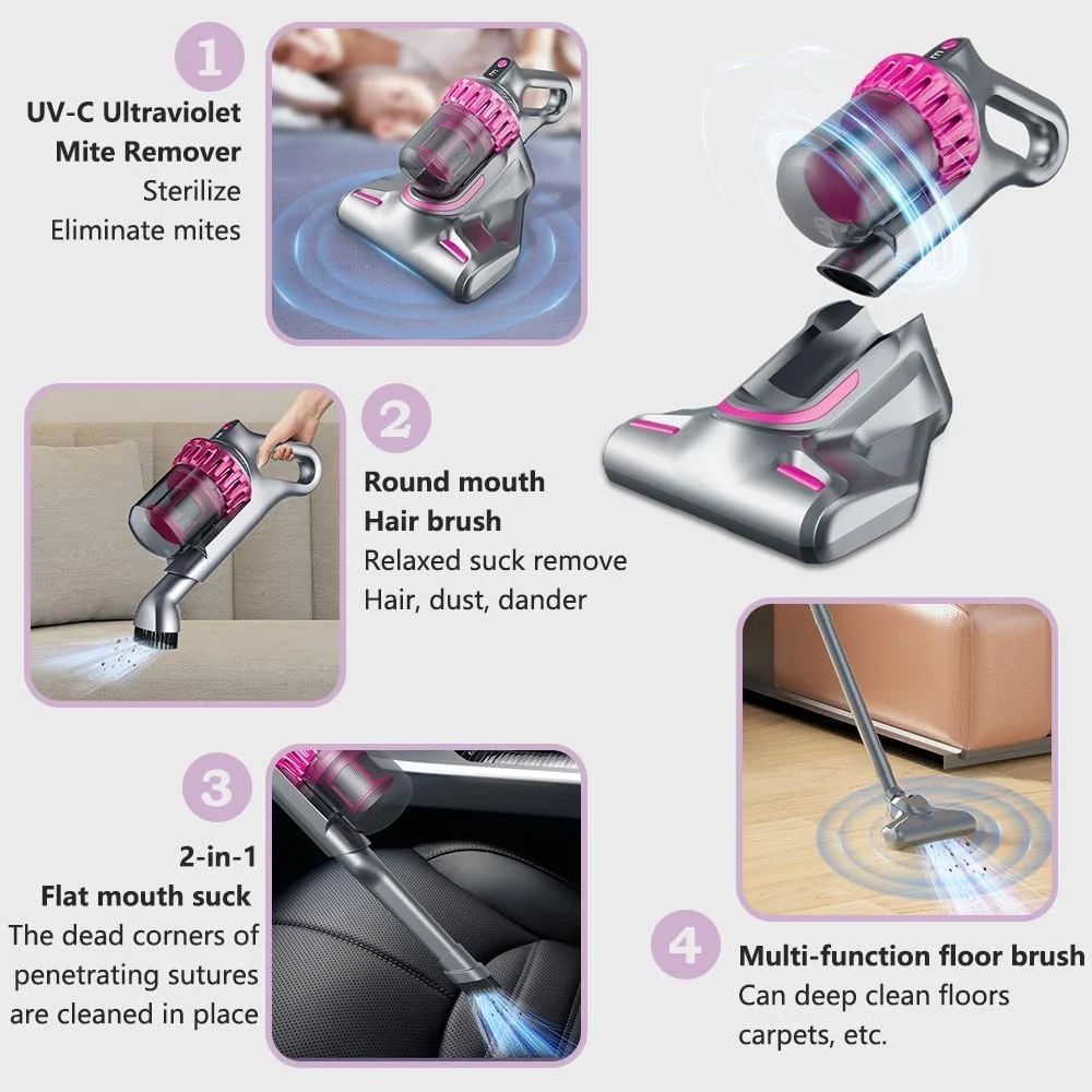 جاروبرقی تشک کانگ‌ام-استور بی‌سیم، جاروبرقی فرابنفش UV-C 4 در 1 و ابزار حذف کنه، جاروبرقی تختخواب و تشک 10000 پاسکال به همراه جاروبرقی کوچک خودرو