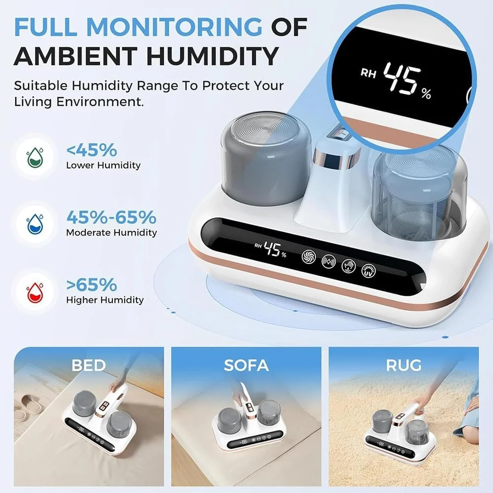 جاروبرقی تخت خواب با نمایشگر LED، 5 در 1، جاروبرقی تشک شارژی 100 وات، دستگاه تمیز کننده تشک با نور UV-C قدرتمند، تمیز کننده تخت برای تخت و مبل