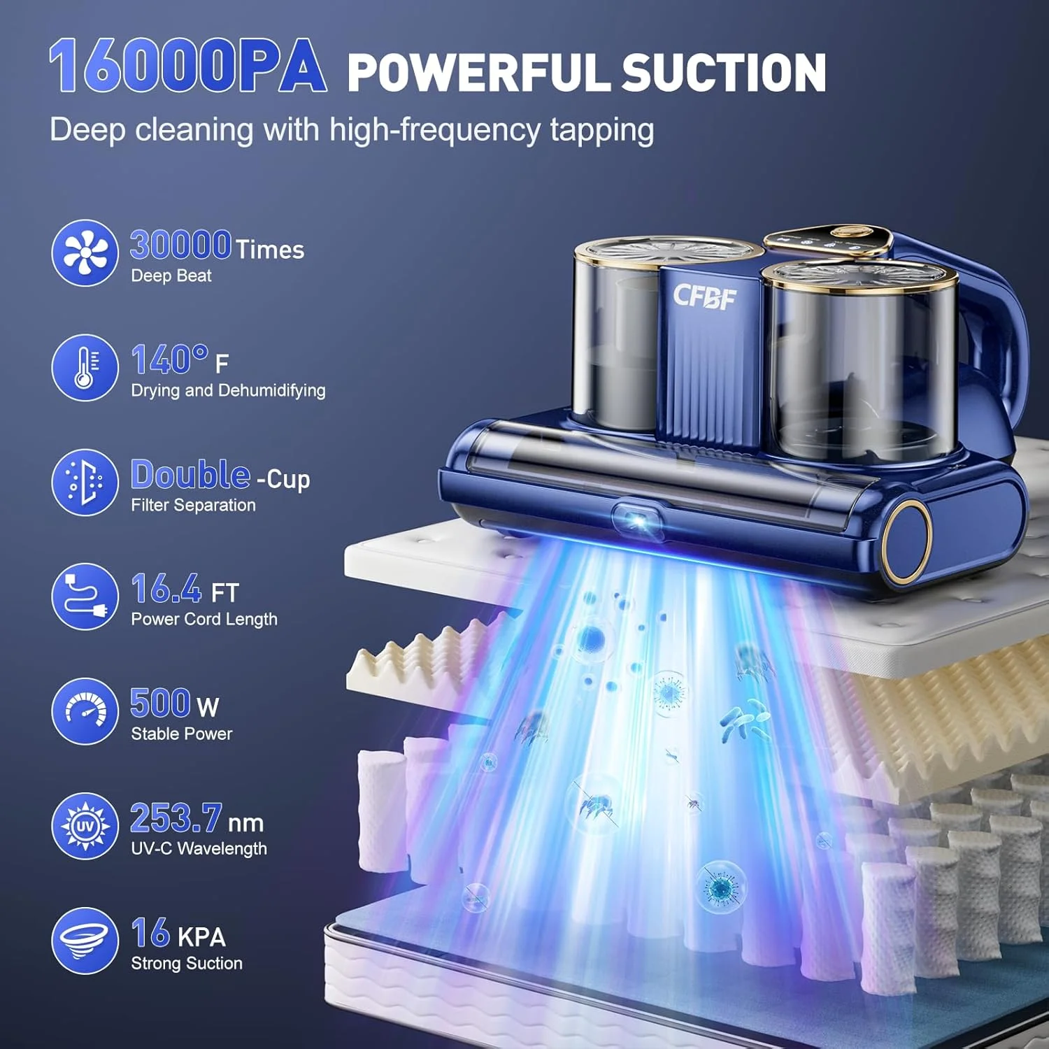 جاروبرقی تشک CFBF، جاروبرقی تختخواب با مکش 16Kpa، نور UV-C 253.7 نانومتری، التراسونیک و گرمایش بالا، جاروبرقی دستی دو فنجانه قدرتمند 500 واتی برای گرد و غبار و موی حیوانات خانگی، سیم 5 متری