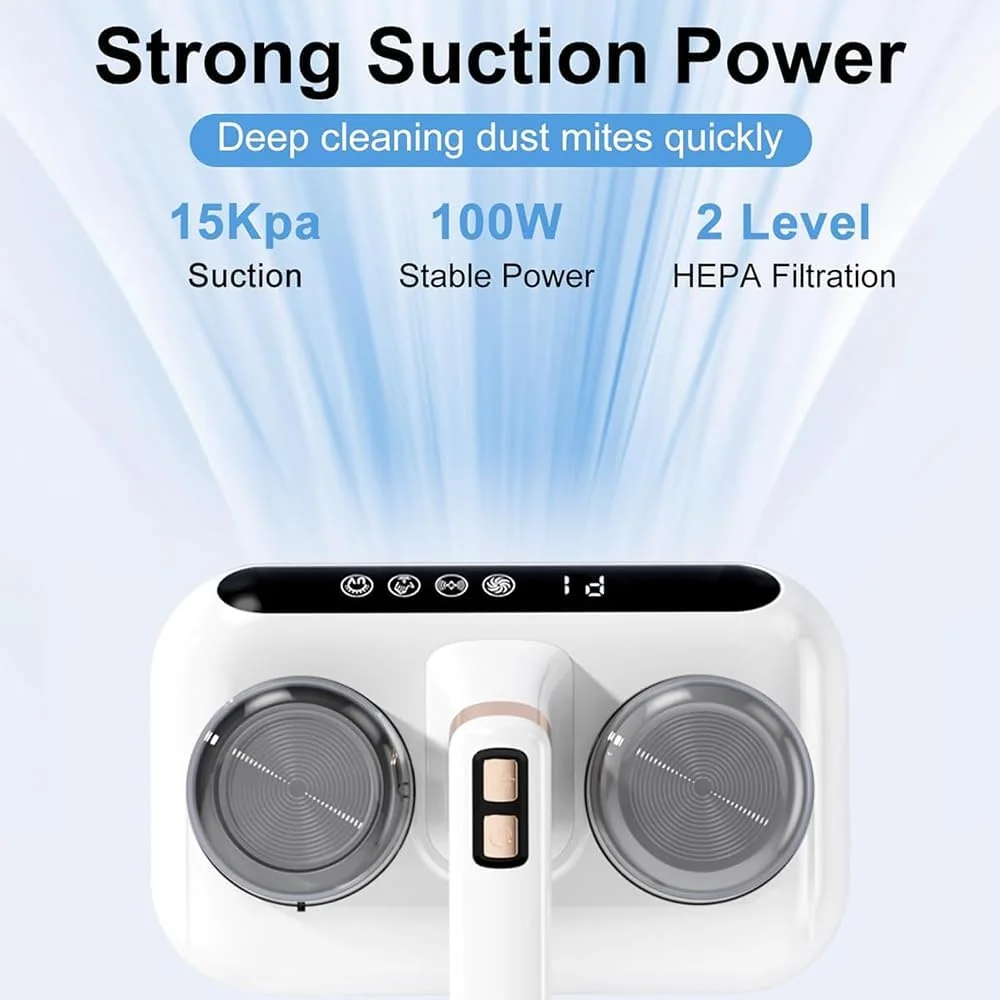 جاروبرقی تخت خواب با نمایشگر LED، 5 در 1، جاروبرقی تشک شارژی 100 وات، دستگاه تمیز کننده تشک با نور UV-C قدرتمند، تمیز کننده تخت برای تخت و مبل