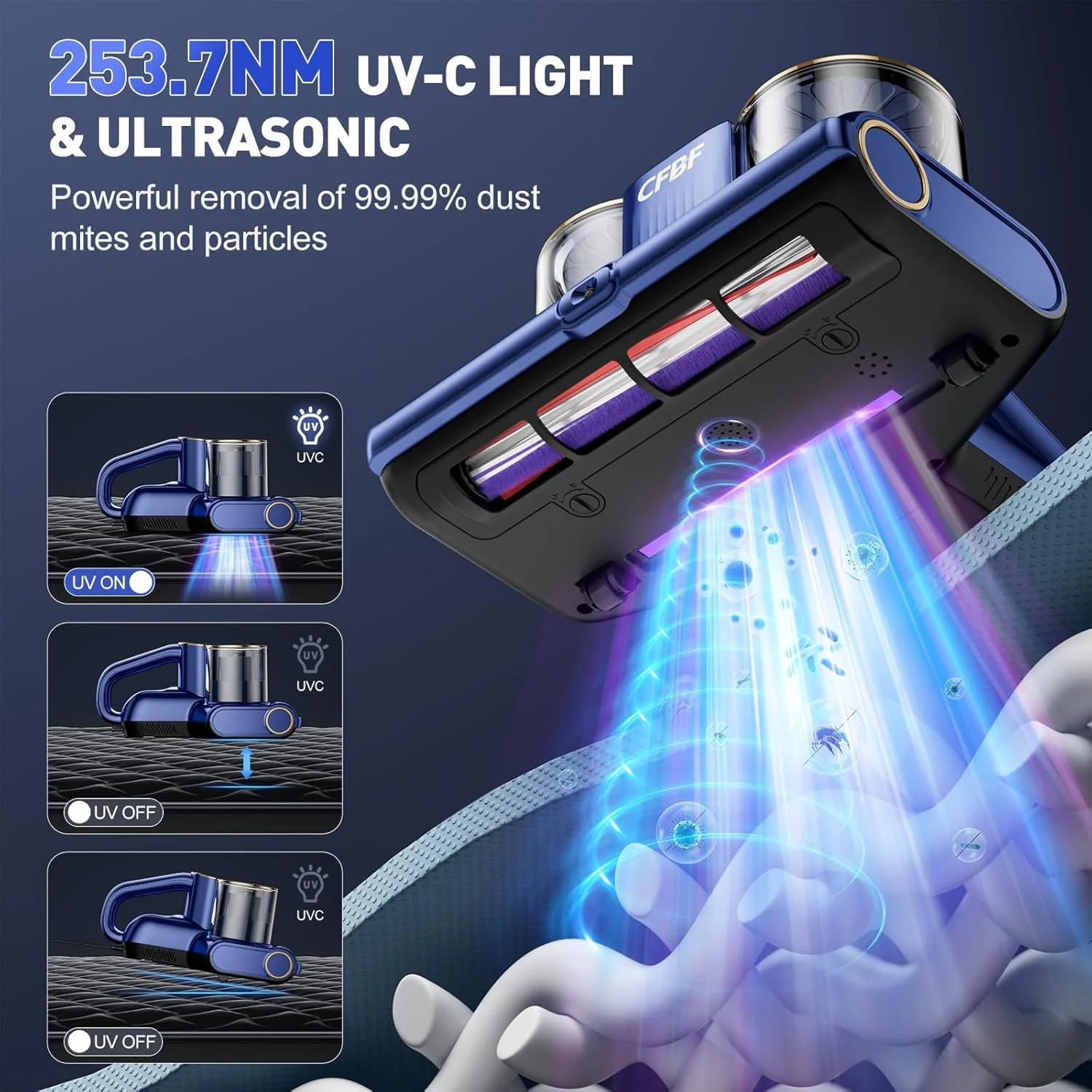 جاروبرقی تشک CFBF، جاروبرقی تختخواب با مکش 16Kpa، نور UV-C 253.7 نانومتری، التراسونیک و گرمایش بالا، جاروبرقی دستی دو فنجانه قدرتمند 500 واتی برای گرد و غبار و موی حیوانات خانگی، سیم 5 متری