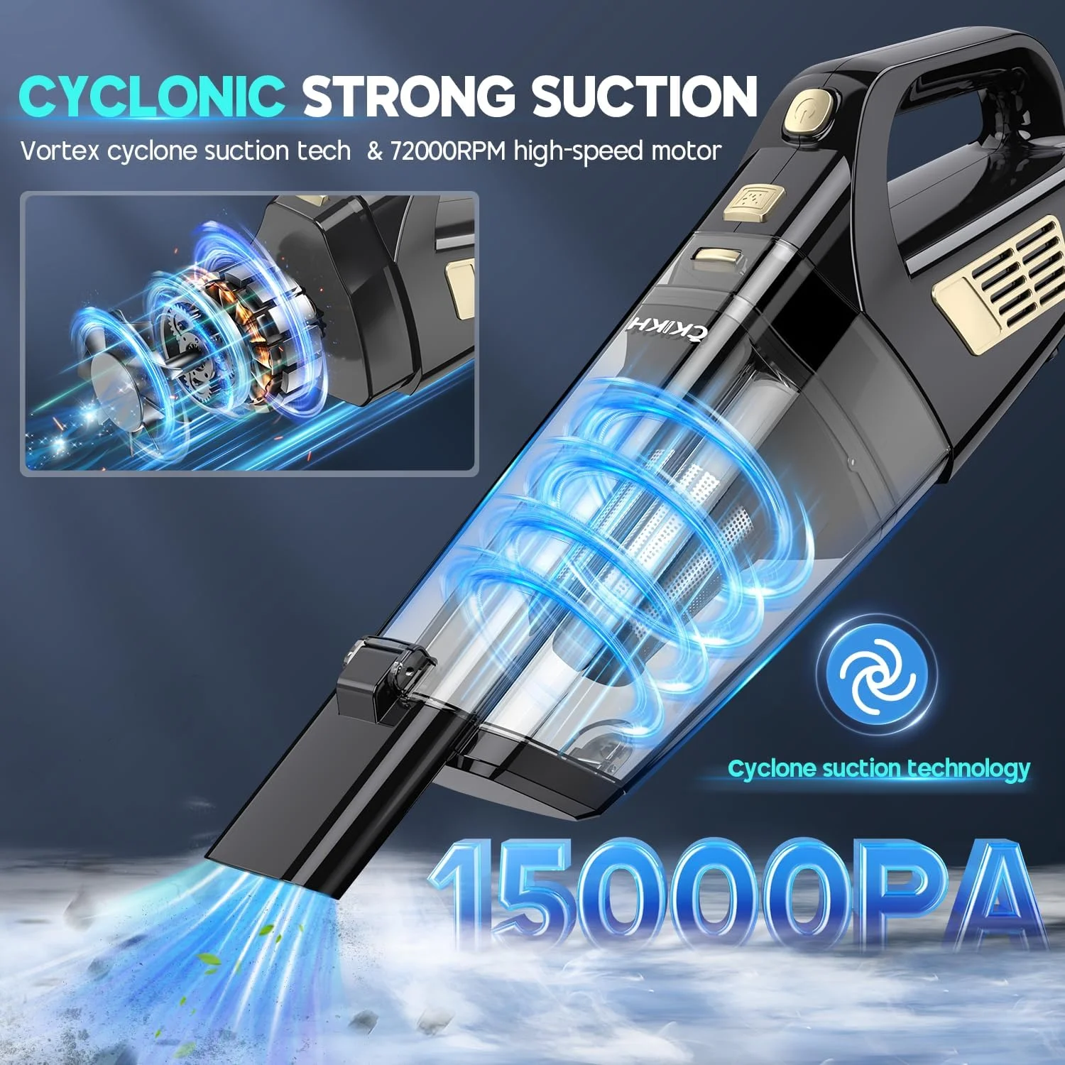 جاروبرقی دستی بی سیم CKIKH، مکش قوی 15000PA، جاروبرقی قابل حمل برای ماشین با نازل های متعدد و فیلتر قابل شستشو، گرد و غبارگیر سبک وزن قابل شارژ برای خانه، ماشین، دفتر، حیوانات خانگی