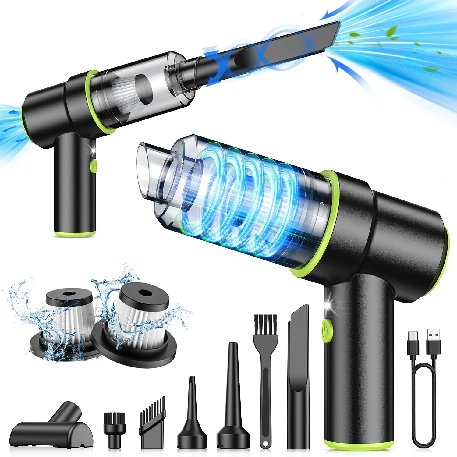 جاروبرقی دستی خودرو CODN، قابل حمل، بدون سیم، 12000PA، جاروبرقی و دمنده هوا 2 در 1 با نازل های متعدد و چراغ LED، جاروبرقی کوچک قابل شارژ برای خانه، خودرو، دفتر، موی حیوانات خانگی