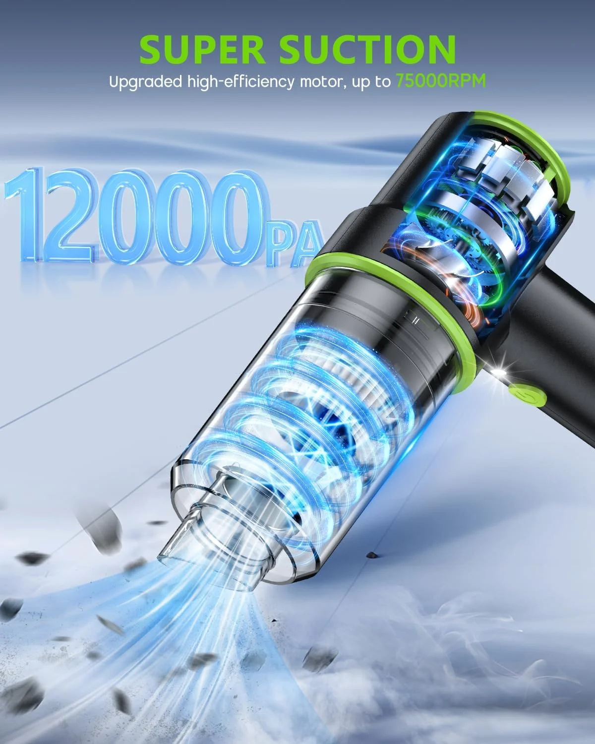 جاروبرقی دستی خودرو CODN، قابل حمل، بدون سیم، 12000PA، جاروبرقی و دمنده هوا 2 در 1 با نازل های متعدد و چراغ LED، جاروبرقی کوچک قابل شارژ برای خانه، خودرو، دفتر، موی حیوانات خانگی