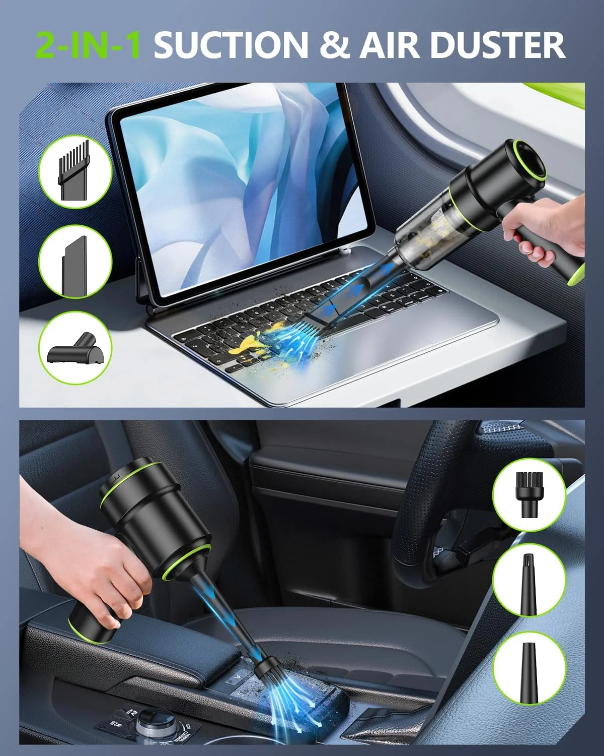 جاروبرقی دستی خودرو CODN، قابل حمل، بدون سیم، 12000PA، جاروبرقی و دمنده هوا 2 در 1 با نازل های متعدد و چراغ LED، جاروبرقی کوچک قابل شارژ برای خانه، خودرو، دفتر، موی حیوانات خانگی