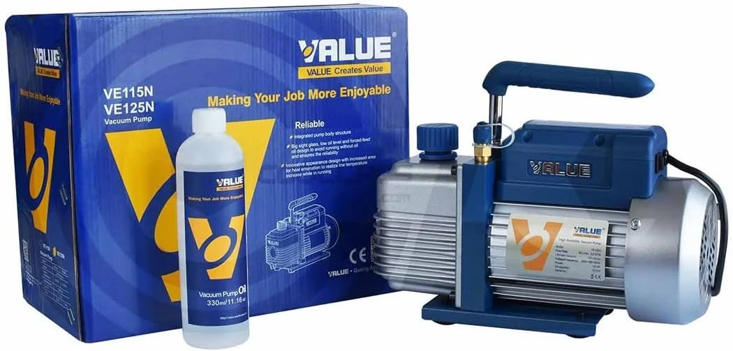 پمپ وکیوم 1/4 اسب بخار، پمپ وکیوم برای نگهداری سیستم تهویه هوا، پمپ وکیوم تک مرحله ای، پمپ وکیوم VE125N، 3.0 CFM، پمپ وکیوم یکپارچه دستی با قطعه چرخشی