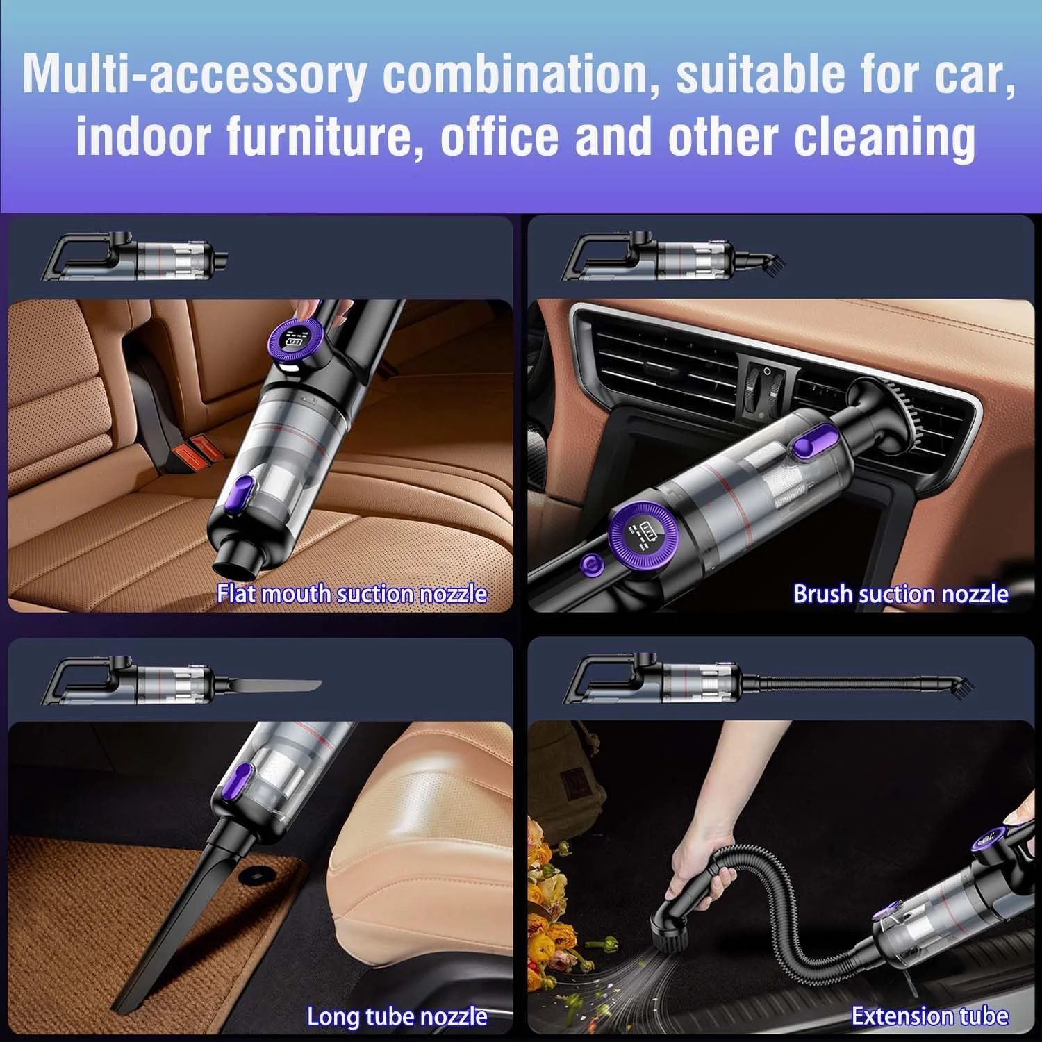 جاروبرقی دستی، مکش قدرتمند 14000PA، جاروبرقی شارژی بی سیم، مناسب برای تمیز کردن ماشین، خانه و محل کار با چراغ LED