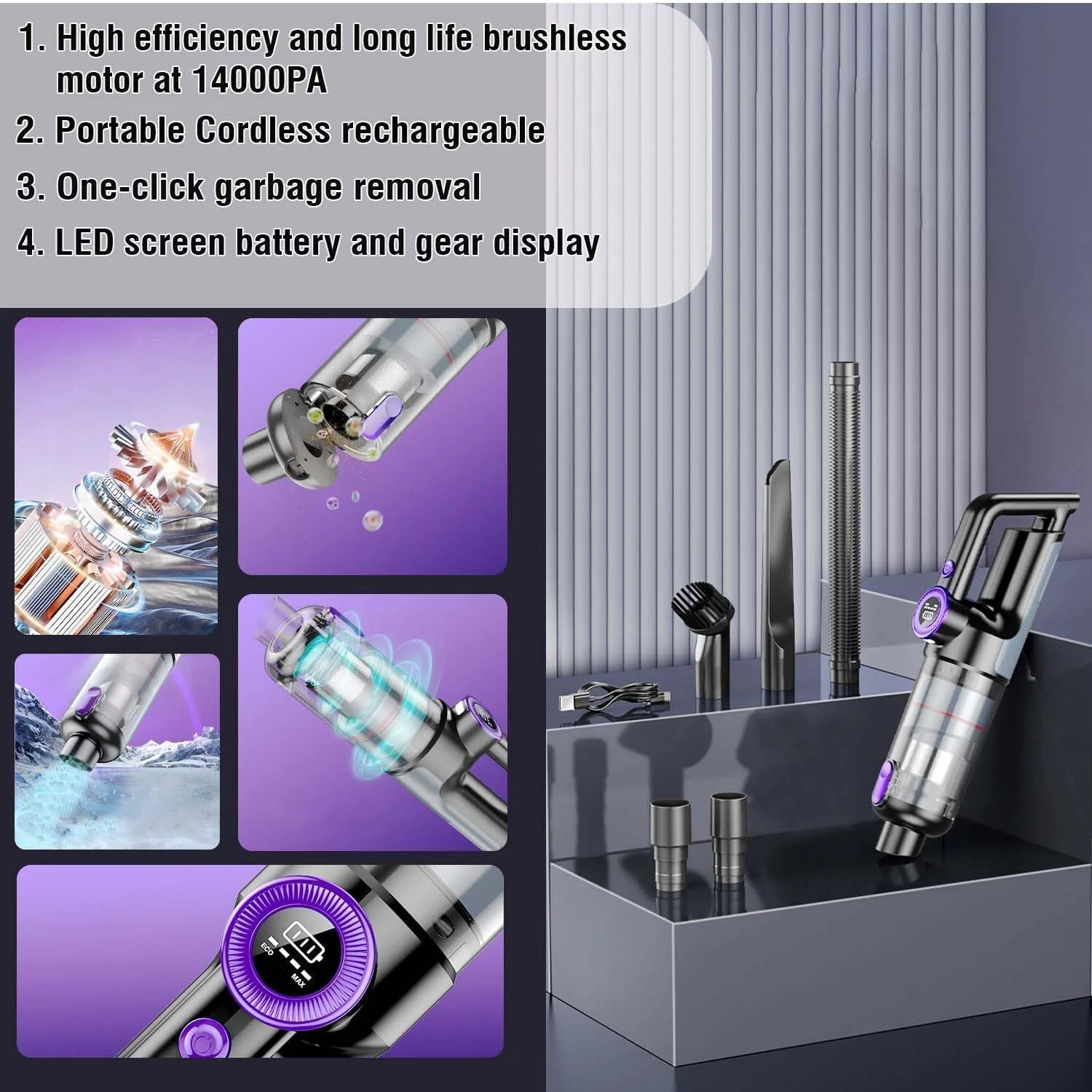 جاروبرقی دستی، مکش قدرتمند 14000PA، جاروبرقی شارژی بی سیم، مناسب برای تمیز کردن ماشین، خانه و محل کار با چراغ LED