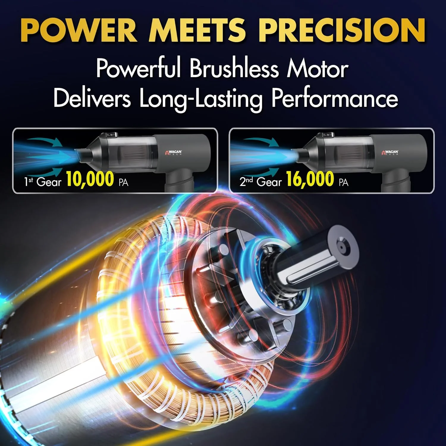 جاروبرقی شارژی خودرو Wagan EL7209 با دمنده هوا، موتور براشلس با مکش قوی 16000Pa، جاروبرقی کوچک قابل حمل با USB-C، تمیز کننده گرد و غبار قابل حمل و دمنده برای خودرو، خانه، دفتر