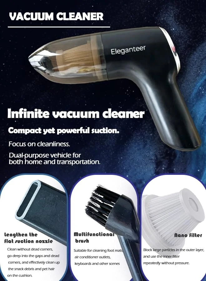 جاروبرقی دستی شارژی با مکش قدرتمند 12000 پاسکال – جاروبرقی کوچک 5 در 1 برای خودرو و منزل با قابلیت شارژ USB-C، دمنده و باد کننده