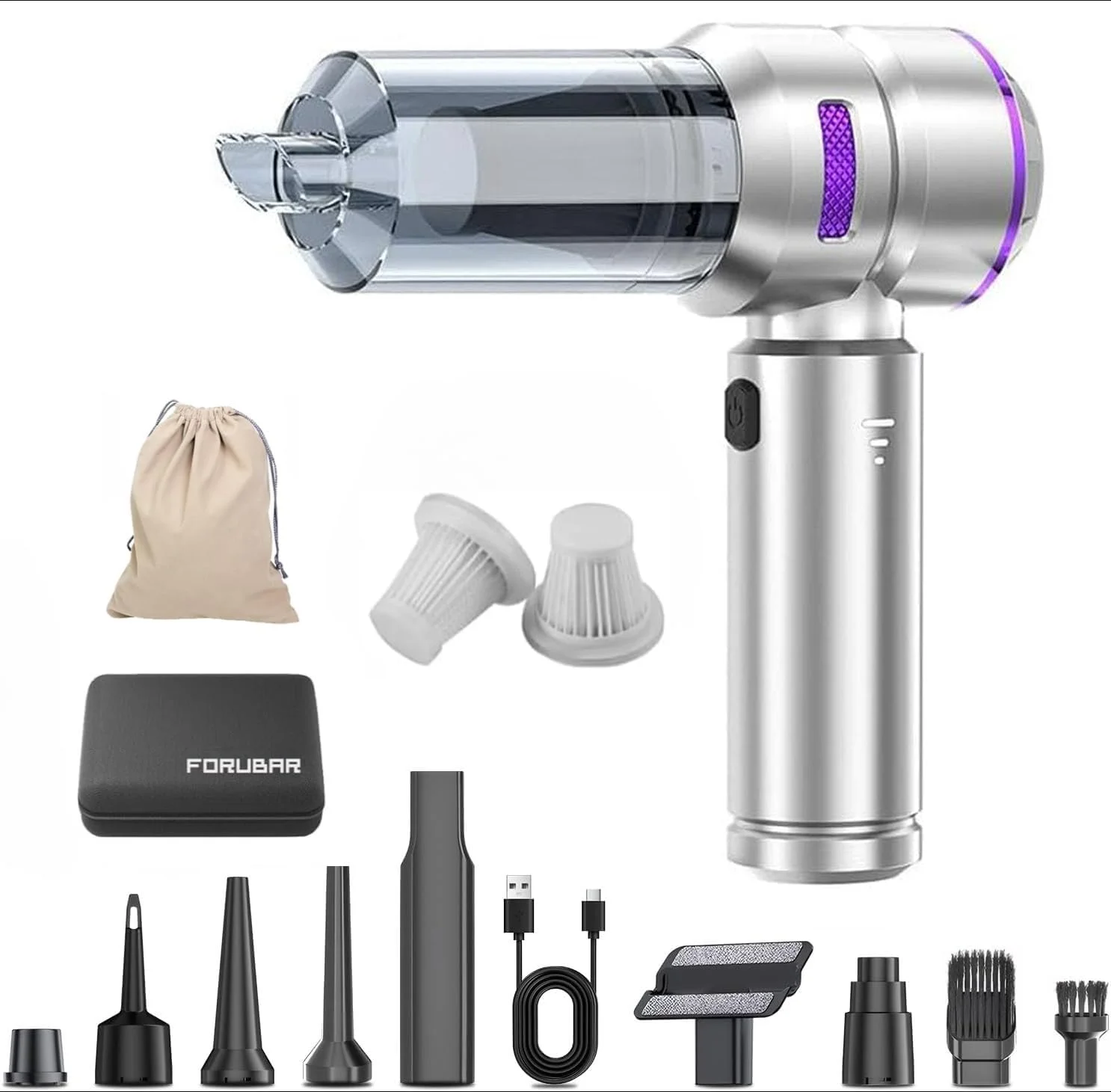 جاروبرقی خودرو بی سیم 4 در 1 Forubar، جاروبرقی دستی قابل حمل 22000Pa به همراه دمنده و گردگیر هوای فشرده، موتور بدون جاروبک، 3 سرعته، شارژ Type-C برای خودرو، خانه، دفتر، موی حیوانات خانگی (نقره ای) جاروبرقی خودرو بی سیم 4 در 1 Forubar، جاروبرقی دستی قابل حمل 22000Pa به همراه دمنده و گردگیر هوای فشرده، موتور بدون جاروبک، 3 سرعته، شارژ Type-C برای خودرو، خانه، دفتر، موی حیوانات خانگی (نقره ای)
