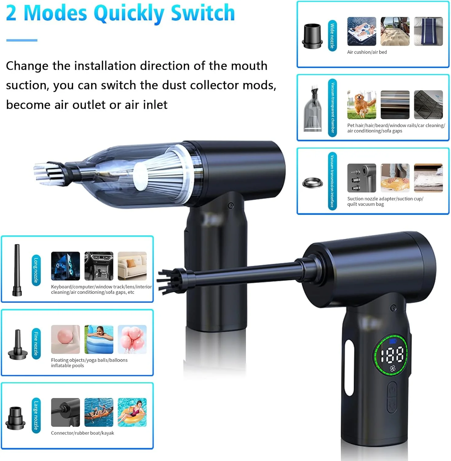 جاروبرقی دستی شارژی برای خودرو و منزل، گردگیر هوای فشرده برقی 3 در 1، پمپ و جاروبرقی، جاروبرقی قابل حمل 7500 میلی آمپر ساعتی با چراغ LED، 3 سطح قابل تنظیم