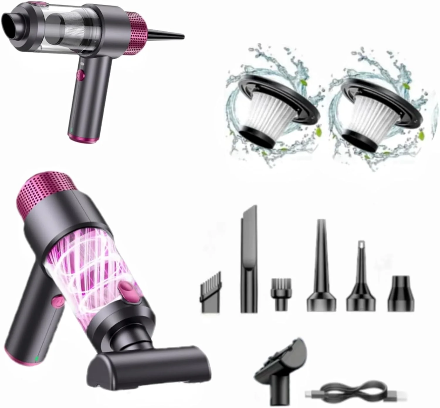 جاروبرقی دستی شارژی، مکش قدرتمند 8500Pa، قابل حمل، سبک وزن، شارژ سریع، مناسب برای ماشین، خانه، راه پله فرش، دفتر و موی حیوانات خانگی، رنگ صورتی جاروبرقی دستی شارژی، مکش قدرتمند 8500Pa، قابل حمل، سبک وزن، شارژ سریع، مناسب برای ماشین، خانه، راه پله فرش، دفتر و موی حیوانات خانگی، رنگ صورتی