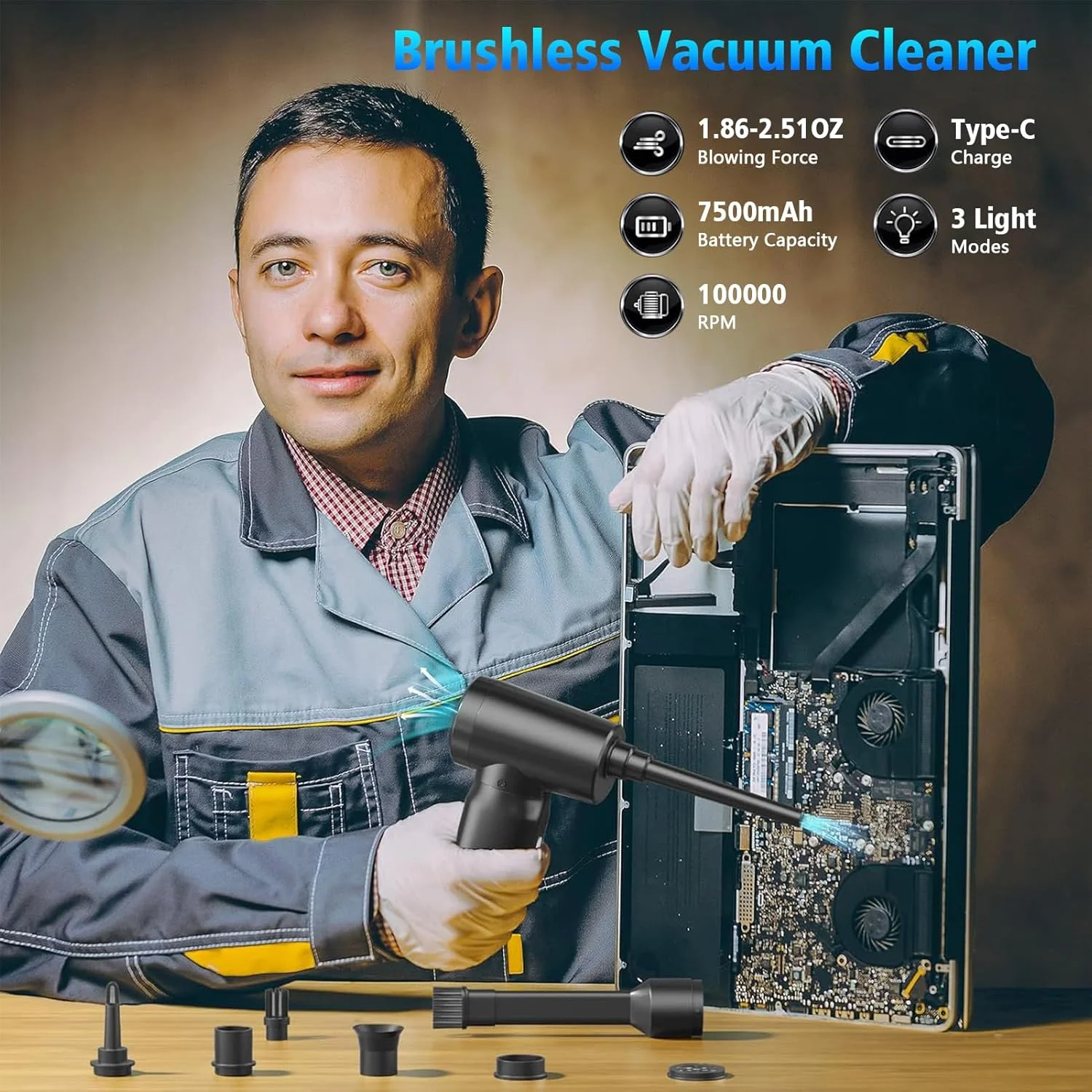 جاروبرقی دستی شارژی برای خودرو و منزل، گردگیر هوای فشرده برقی 3 در 1، پمپ و جاروبرقی، جاروبرقی قابل حمل 7500 میلی آمپر ساعتی با چراغ LED، 3 سطح قابل تنظیم