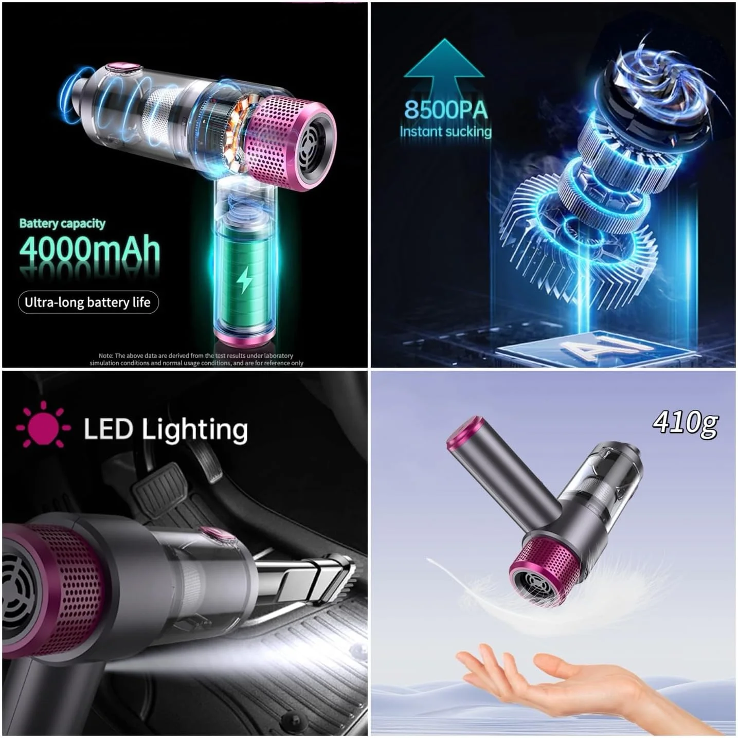 جاروبرقی دستی شارژی، مکش قدرتمند 8500Pa، قابل حمل، سبک وزن، شارژ سریع، مناسب برای ماشین، خانه، راه پله فرش، دفتر و موی حیوانات خانگی، رنگ صورتی