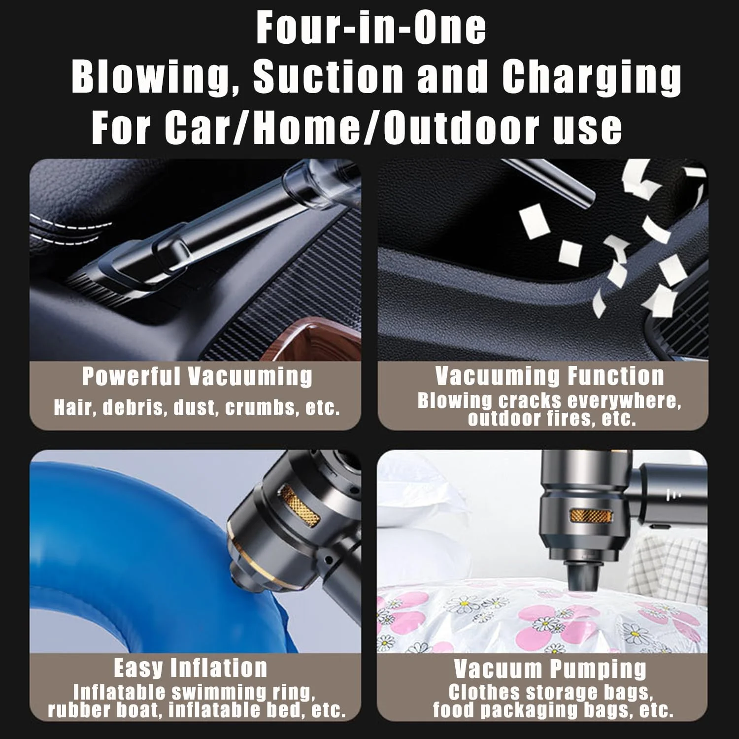 جاروبرقی خودرو، جاروبرقی دستی بی سیم، دمنده هوا قابل شارژ با مکش قدرتمند 11000PA/150W، مکش و دمش 2 در 1، باتری لیتیوم یونی 4000mAh، فیلتر، شارژ USB و نازل های چندگانه برای خودرو/خانه/حیوانات خانگی