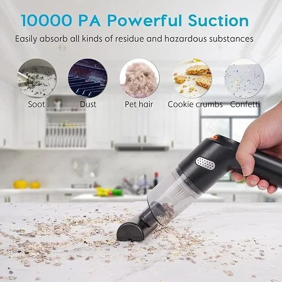 جاروبرقی دستی شارژی، جاروبرقی قابل حمل خودرو با مکش قدرتمند 10000PA، کم صدا، ایده آل برای تمیز کردن خودرو، خانه، RV، مسافرت و دفتر کار