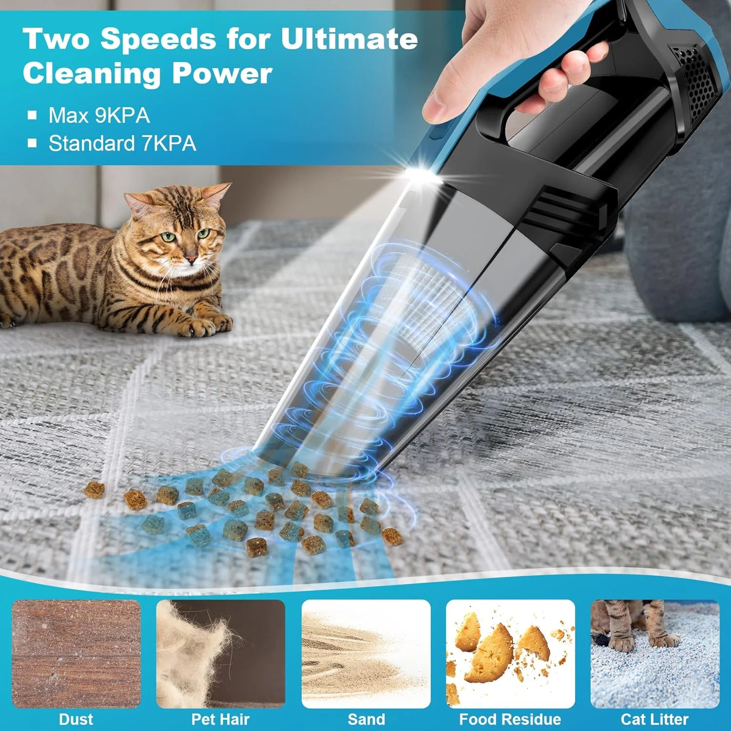 جاروبرقی شارژی خودرو، سبک و پرقدرت با چراغ LED، جاروبرقی دستی ارتقا یافته برای خودرو، خانه، دفتر و موی حیوانات خانگی، مشکی-آبی