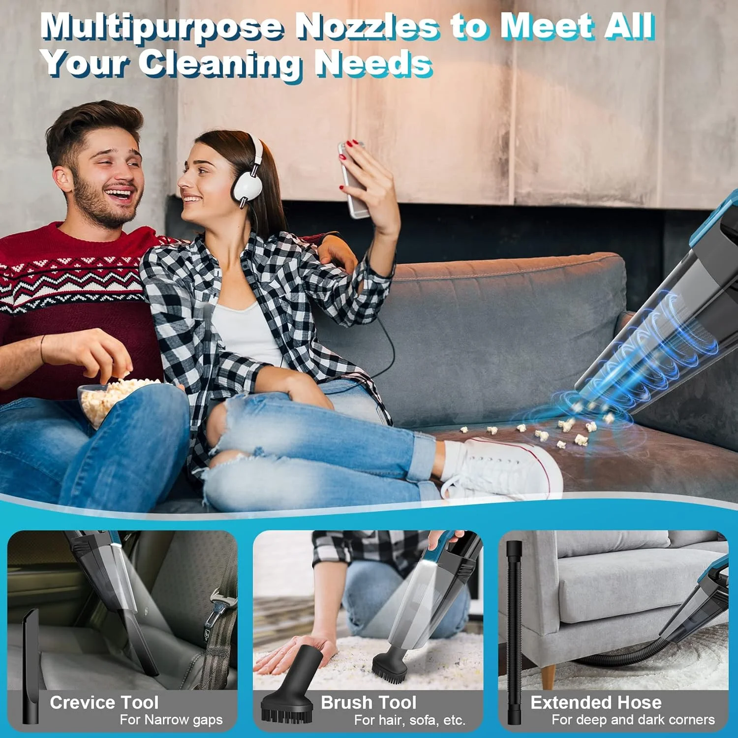 جاروبرقی شارژی خودرو، سبک و پرقدرت با چراغ LED، جاروبرقی دستی ارتقا یافته برای خودرو، خانه، دفتر و موی حیوانات خانگی، مشکی-آبی