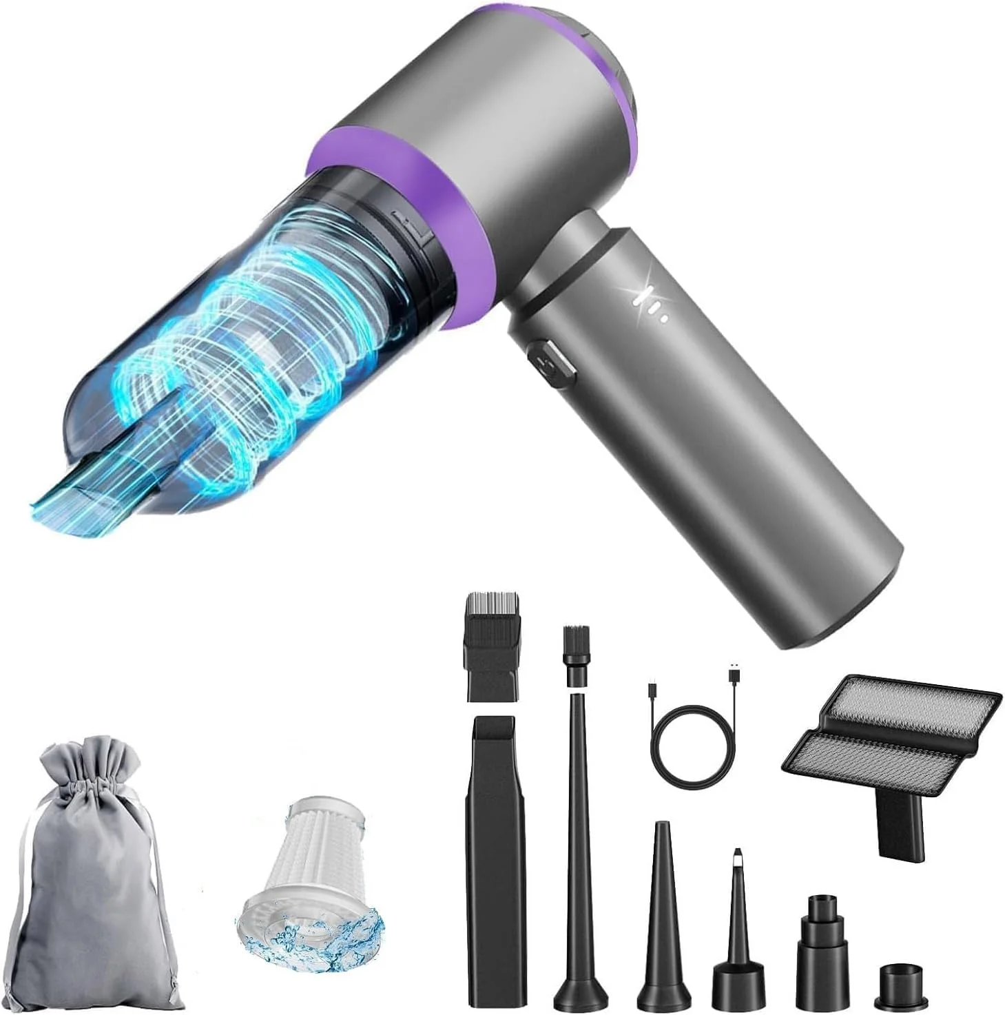 جاروبرقی کوچک شارژی، جاروبرقی دستی قابل حمل برای خودرو، جاروبرقی 4 در 1 با قدرت بالای 20000PA با موتور براشلس، جاروبرقی دستی برای خودرو و منزل (بنفش)