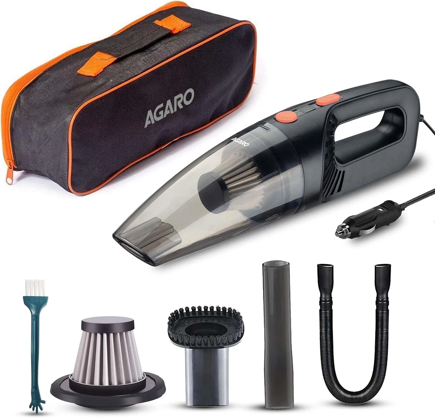 جاروبرقی خودرو آگرارو مدل CV1079، قابل حمل، دستی، 12 ولت DC / 110 وات، قدرت 4.5KPA، سیم بلند 4.5 متری، فیلتر استیل ضد زنگ، مشکی