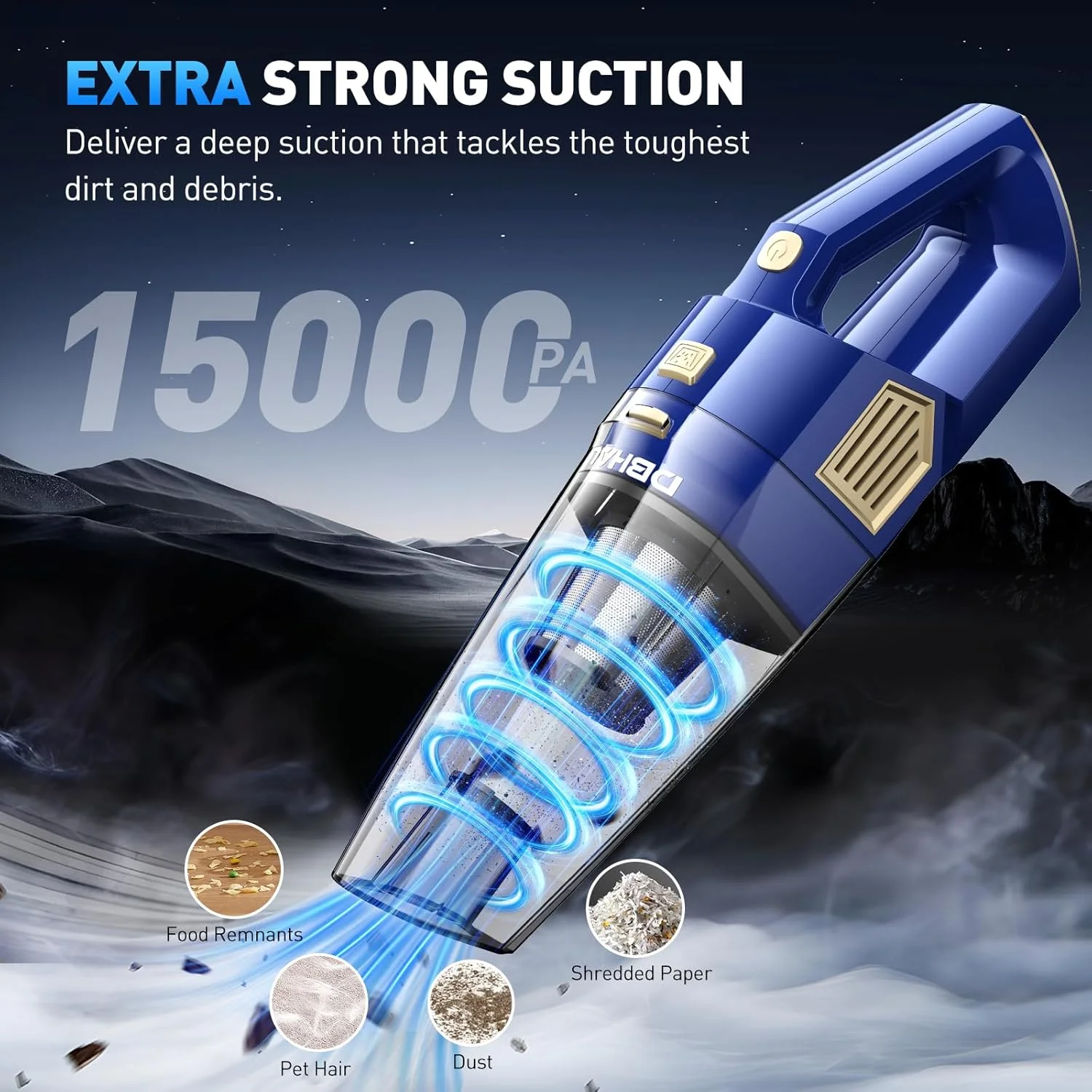 جاروبرقی دستی شارژی، مکش قدرتمند 15000PA، جاروبرقی سبک وزن خودرو با لوازم جانبی متعدد، جاروبرقی دستی شارژی برای خودرو و خانه