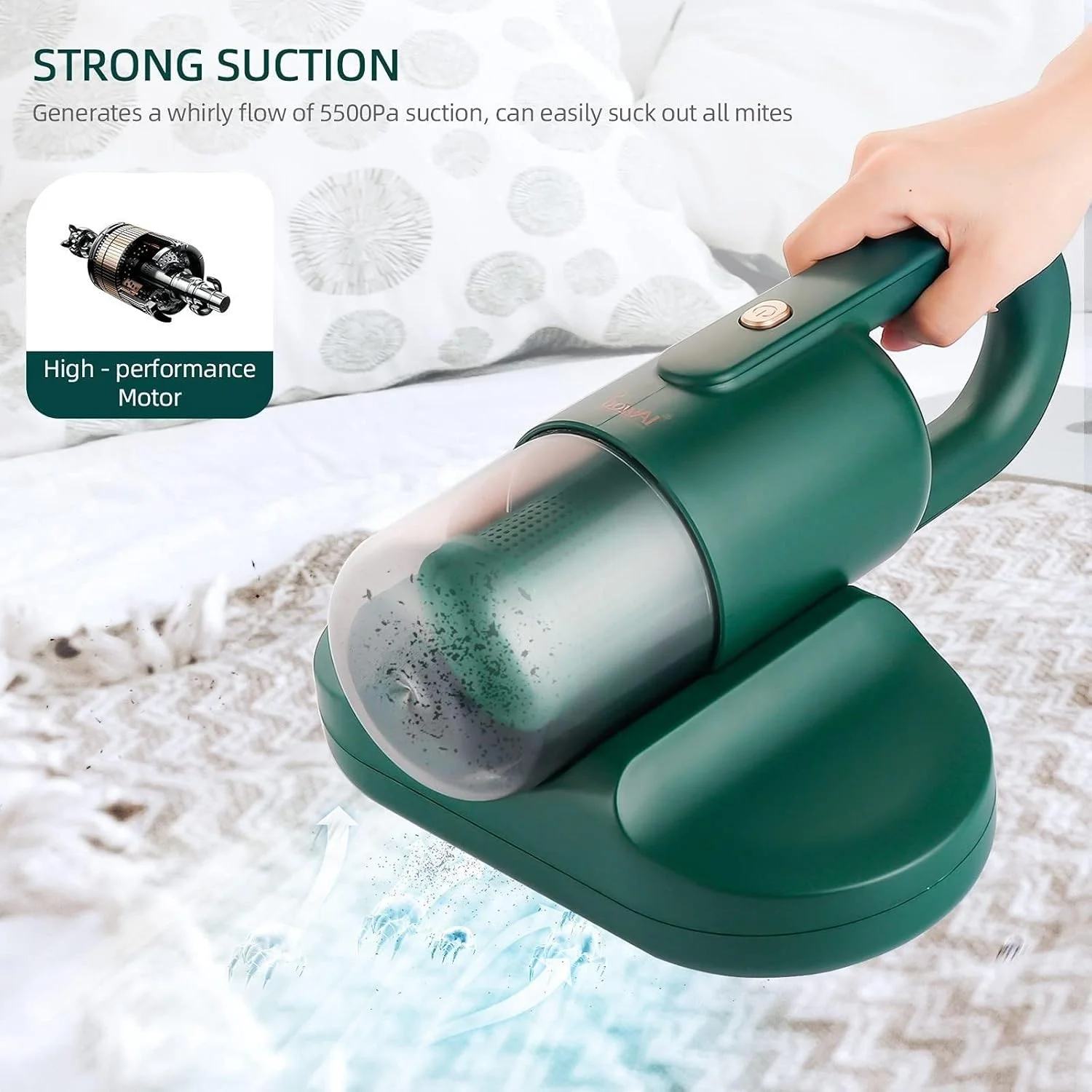 جاروبرقی شارژی با 2 فیلتر، جمع کننده کنه های تخت - لوله کوارتز UV / جاذبه 5500Pa، حذف کننده کنه های دستی برای تخت، مبل، تشک، فرش، سبز جاروبرقی شارژی با 2 فیلتر، جمع کننده کنه های تخت - لوله کوارتز UV / جاذبه 5500Pa، حذف کننده کنه های دستی برای تخت، مبل، تشک، فرش، سبز