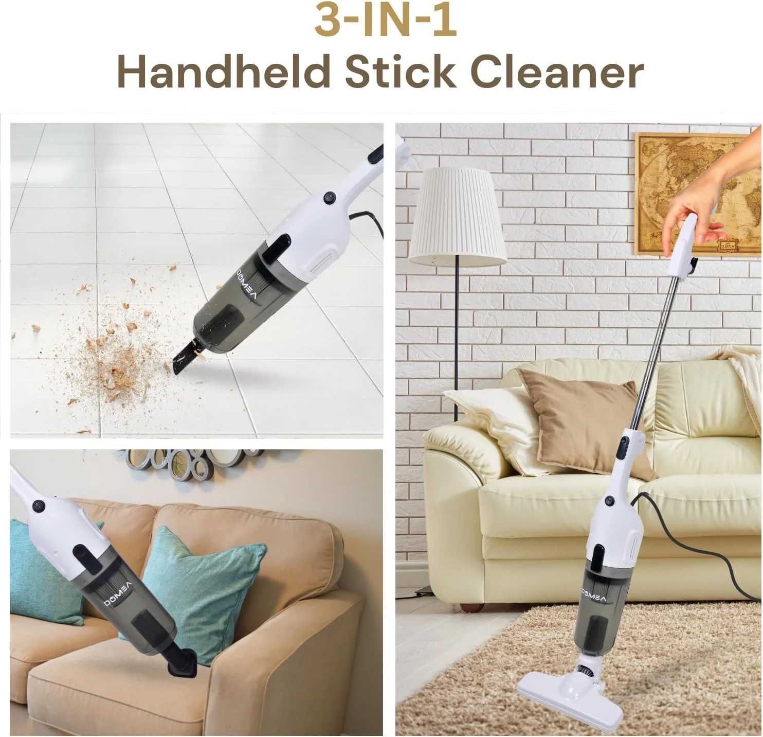 جاروبرقی DOMEA، 3 در 1 با میله قابل افزایش طول، کابل 5 متری، فیلتر HEPA، 600 وات، مکش 16KPa، ظرفیت گرد و غبار 1.2 لیتری، وزن سبک، ایده آل برای خانه، ماشین، کف، مبل، فرش، تمیز کردن موی حیوانات خانگی، سفید