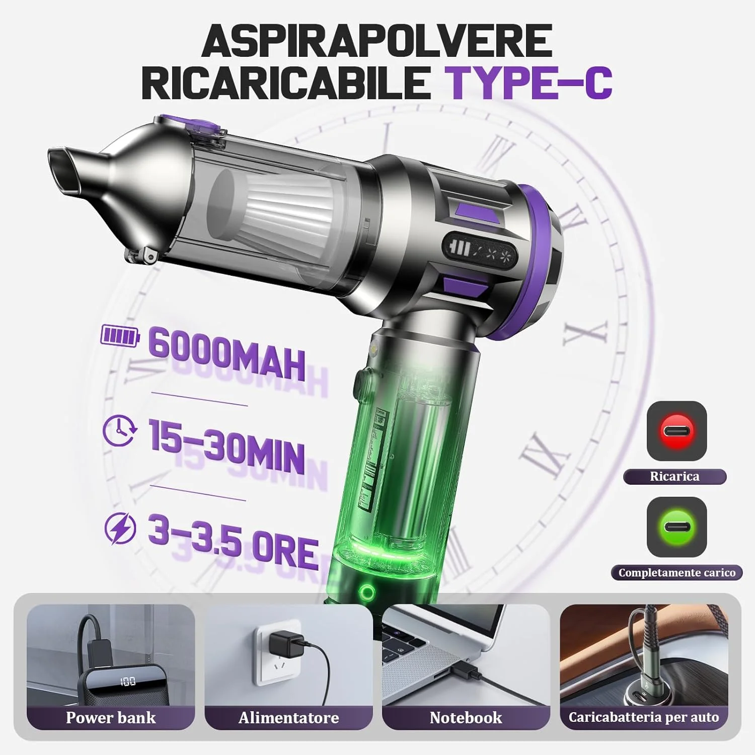 جاروبرقی دستی شارژی، جاروبرقی خودرو 22000Pa، جاروبرقی قابل حمل با موتور براشلس، باتری 6000mAh، جاروبرقی مینی با نمایشگر LED، برای خانه، خودرو، موی حیوانات خانگی