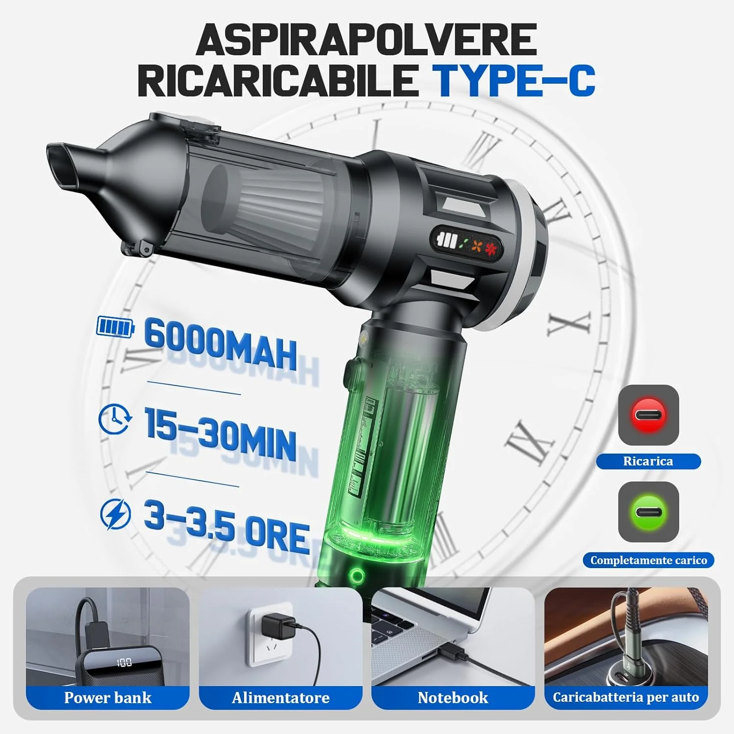 جاروبرقی دستی شارژی، جاروبرقی خودرو 25000Pa، جاروبرقی قابل حمل با موتور بدون جاروبک، باتری 6000mAh، جاروبرقی کوچک با نمایشگر LED، برای خانه، خودرو، موی حیوانات خانگی
