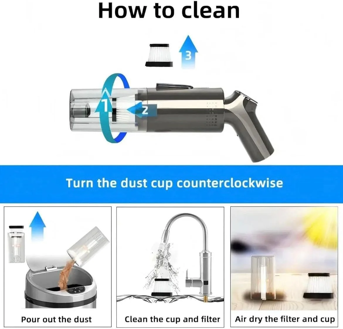 جاروبرقی دستی کوچک قابل حمل ریچ لایف - شارژ USB، مکش پرقدرت با فیلتر HEPA - شامل چندین نازل و شلنگ انعطاف پذیر - ایده آل برای ماشین، کیبورد، میز کار، تمیز کردن
