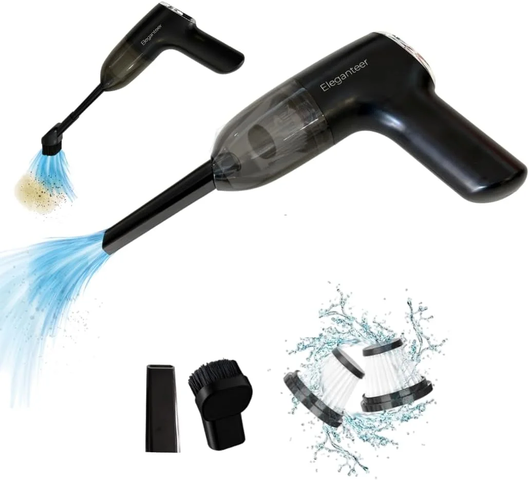جاروبرقی دستی قابل حمل و شارژی Eleganteer – سبک وزن، بدون سیم، تمیز کردن دقیق با نازل های قابل تعویض برای استفاده در خانه، ماشین و دفتر، مشکی