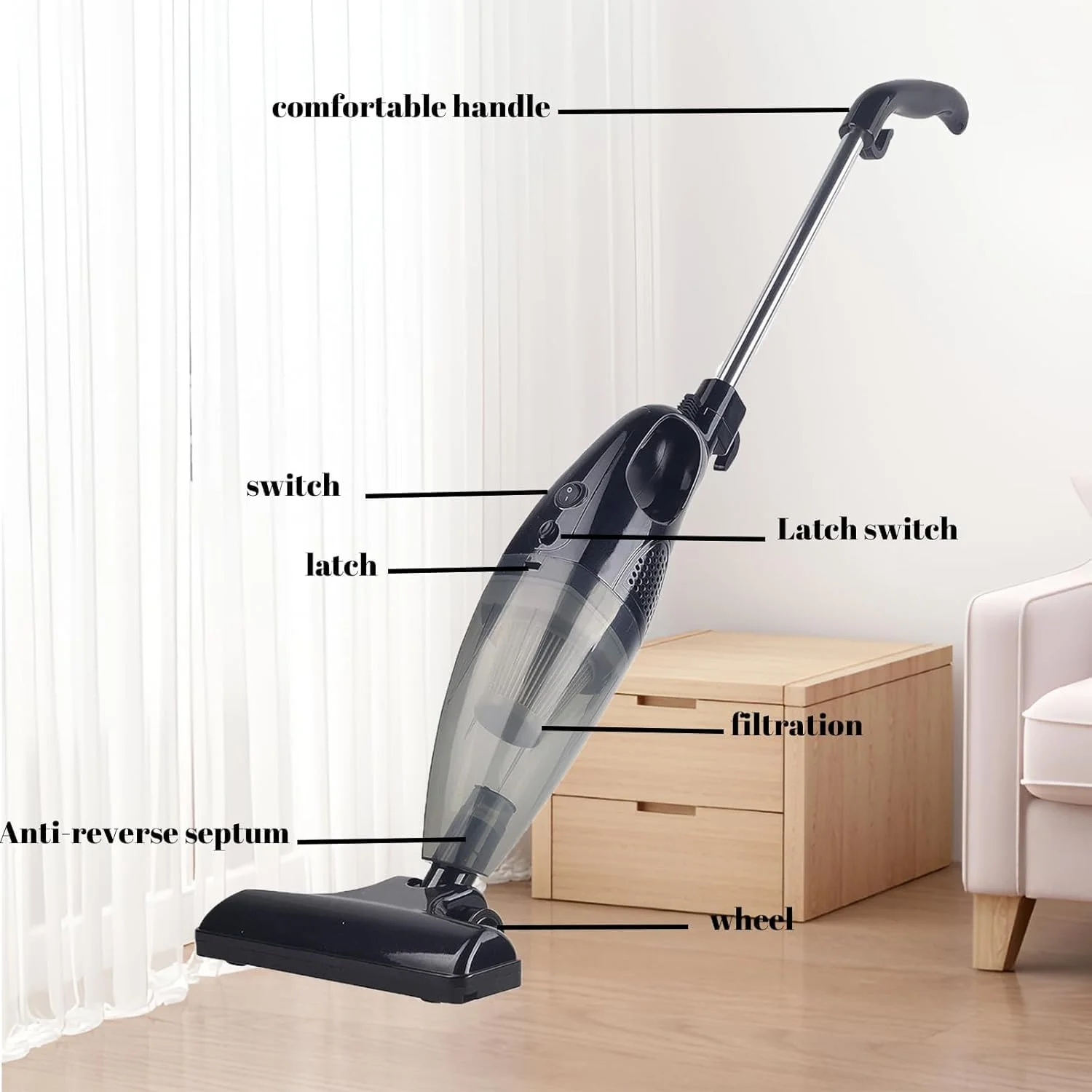 جاروبرقی برقی 2 در 1، جاروی دستی و عصایی با سیم 6 متری، سبک وزن، مکش قدرتمند 650 واتی، ظرفیت بزرگ 1.5 لیتری، سیستم فیلتراسیون مرکزی عالی، مناسب برای خانه، دفتر، آشپزخانه، ماشین، مو - مشکی