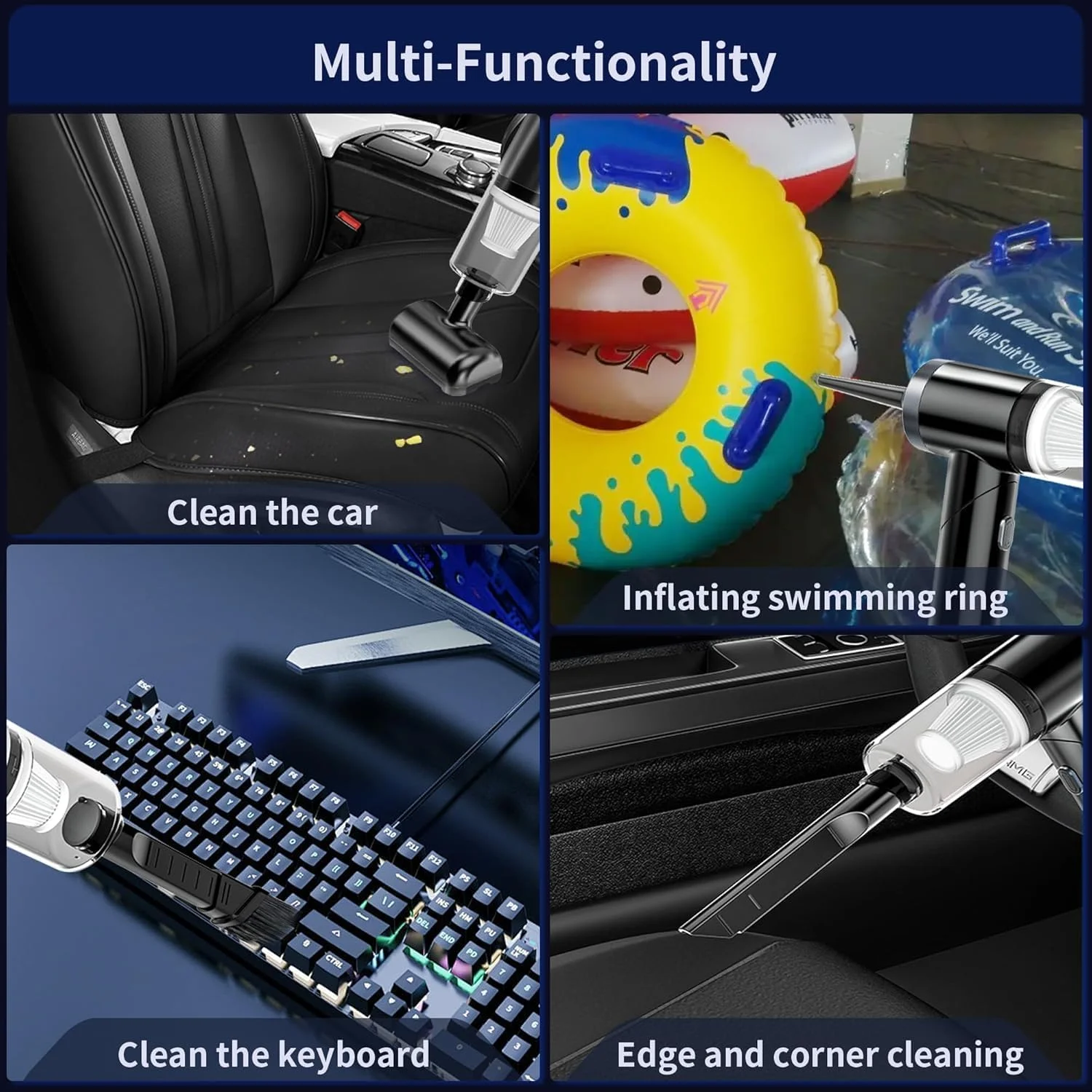 جاروبرقی کوچک، جاروبرقی دستی 9000Pa برای خودرو و گردگیر هوا، جاروبرقی کوچک قابل حمل 90 درجه تاشو و دمنده و پمپ هوا، شارژ USB-C برای خودرو، خانه، دفتر، حیوانات خانگی