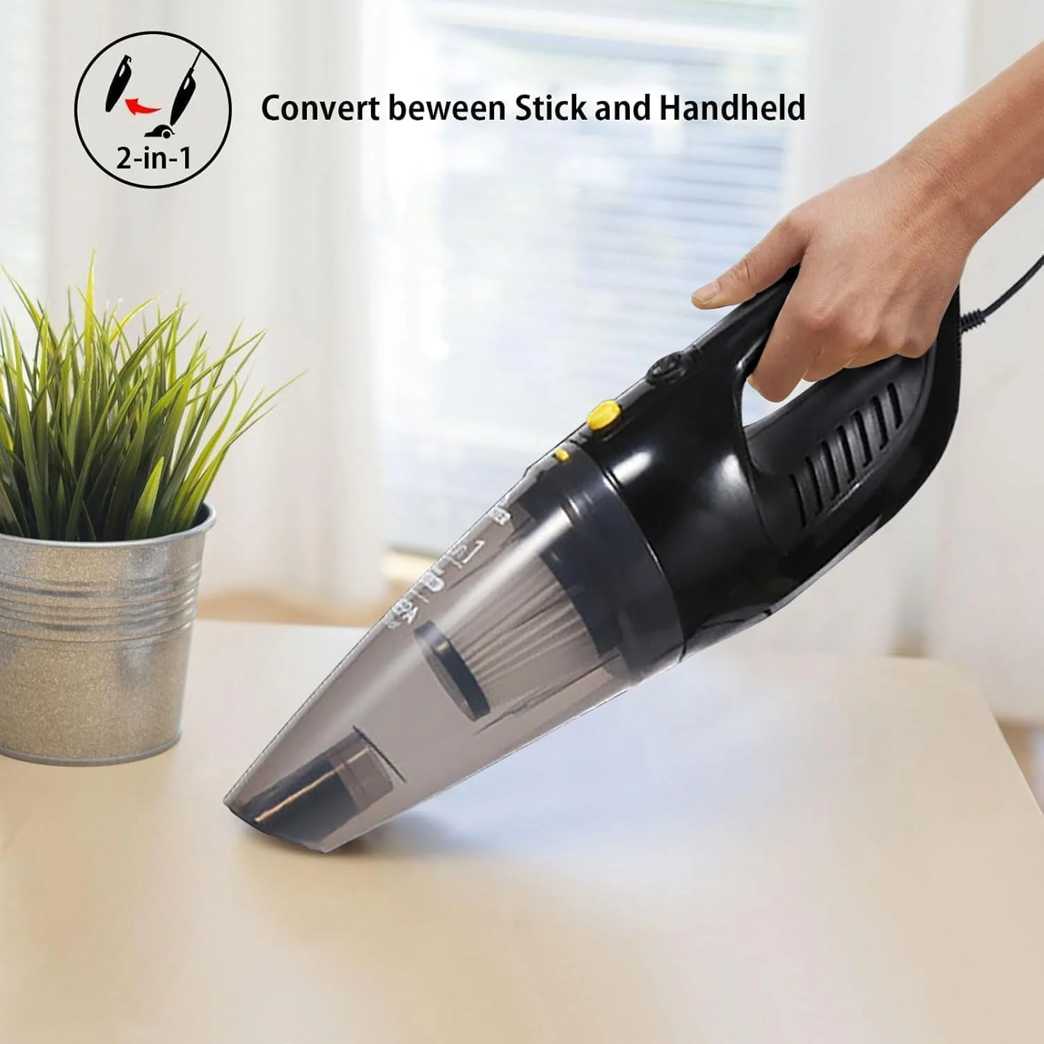 جاروبرقی برقی 2 در 1، جاروی دستی و عصایی با سیم 6 متری، سبک وزن، مکش قدرتمند 650 واتی، ظرفیت بزرگ 1.5 لیتری، سیستم فیلتراسیون مرکزی عالی، مناسب برای خانه، دفتر، آشپزخانه، ماشین، مو - مشکی