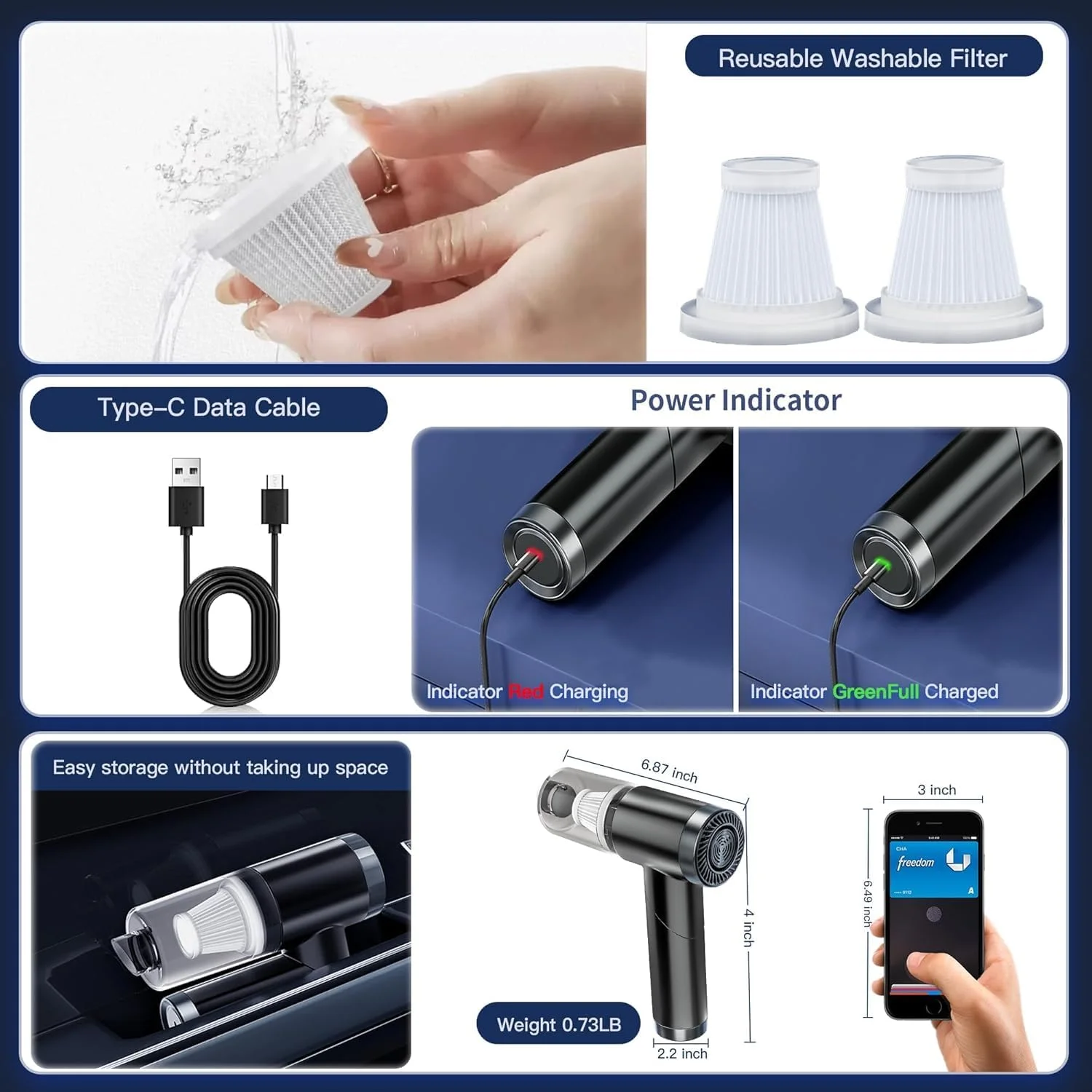 جاروبرقی کوچک، جاروبرقی دستی 9000Pa برای خودرو و گردگیر هوا، جاروبرقی کوچک قابل حمل 90 درجه تاشو و دمنده و پمپ هوا، شارژ USB-C برای خودرو، خانه، دفتر، حیوانات خانگی