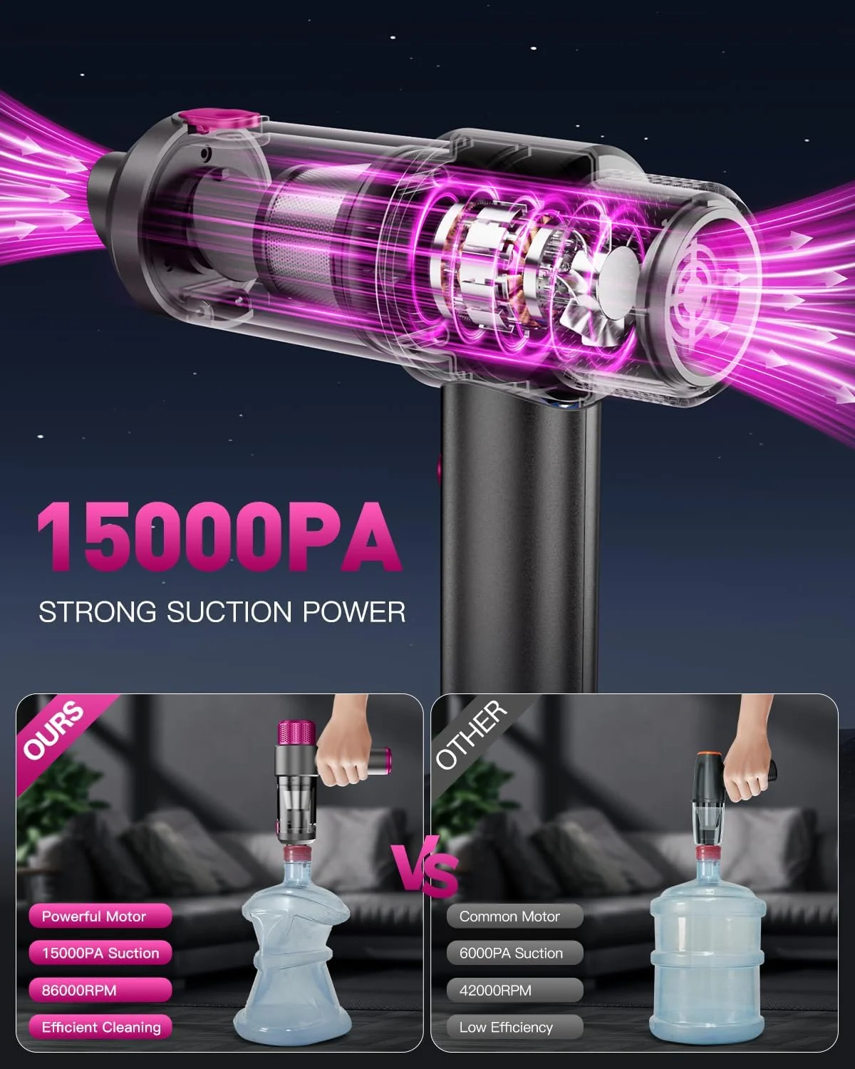 جاروبرقی دستی شارژی خودرو EYYA، جاروبرقی و دمنده هوای پرقدرت 15000PA، جاروبرقی کوچک قابل حمل 4 در 1 با چراغ LED، جاروبرقی دستی برای خودرو، خانه و دفتر