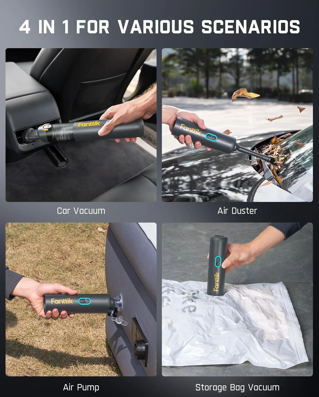 جاروبرقی خودرویی باریک Fanttik Slim V8 Apex، جاروبرقی کوچک قابل حمل 4 در 1 با قدرت مکش 19000pa، شارژ Type-C، 2 حالت مکش، جاروبرقی دستی برای خودرو، میز کار، کیبورد (خاکستری)