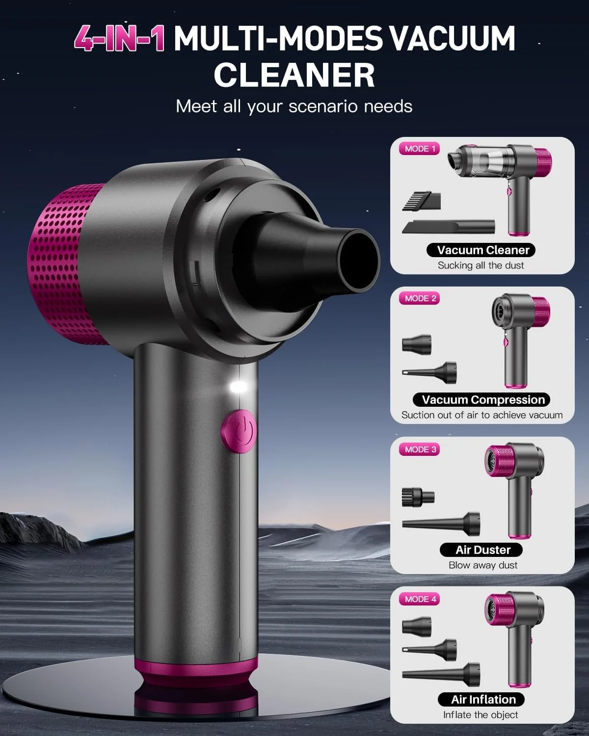 جاروبرقی دستی شارژی خودرو EYYA، جاروبرقی و دمنده هوای پرقدرت 15000PA، جاروبرقی کوچک قابل حمل 4 در 1 با چراغ LED، جاروبرقی دستی برای خودرو، خانه و دفتر