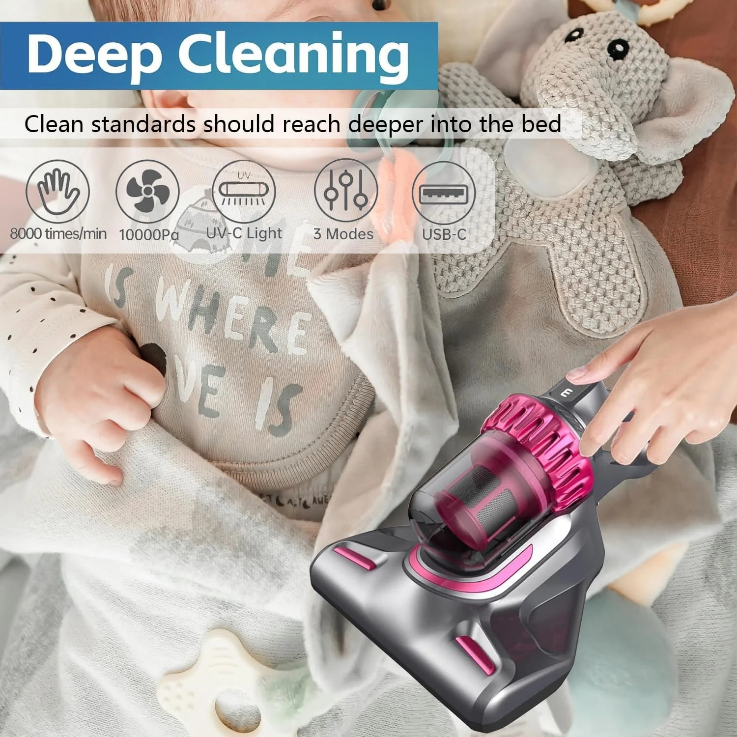 جاروبرقی تشک، جاروبرقی تخت UV با فرکانس بالا 10Kpa، ضربه دوگانه و صدای کم، جاروبرقی دستی 3 در 1 برای تمیز کردن تخت، تشک، بالش و مبل