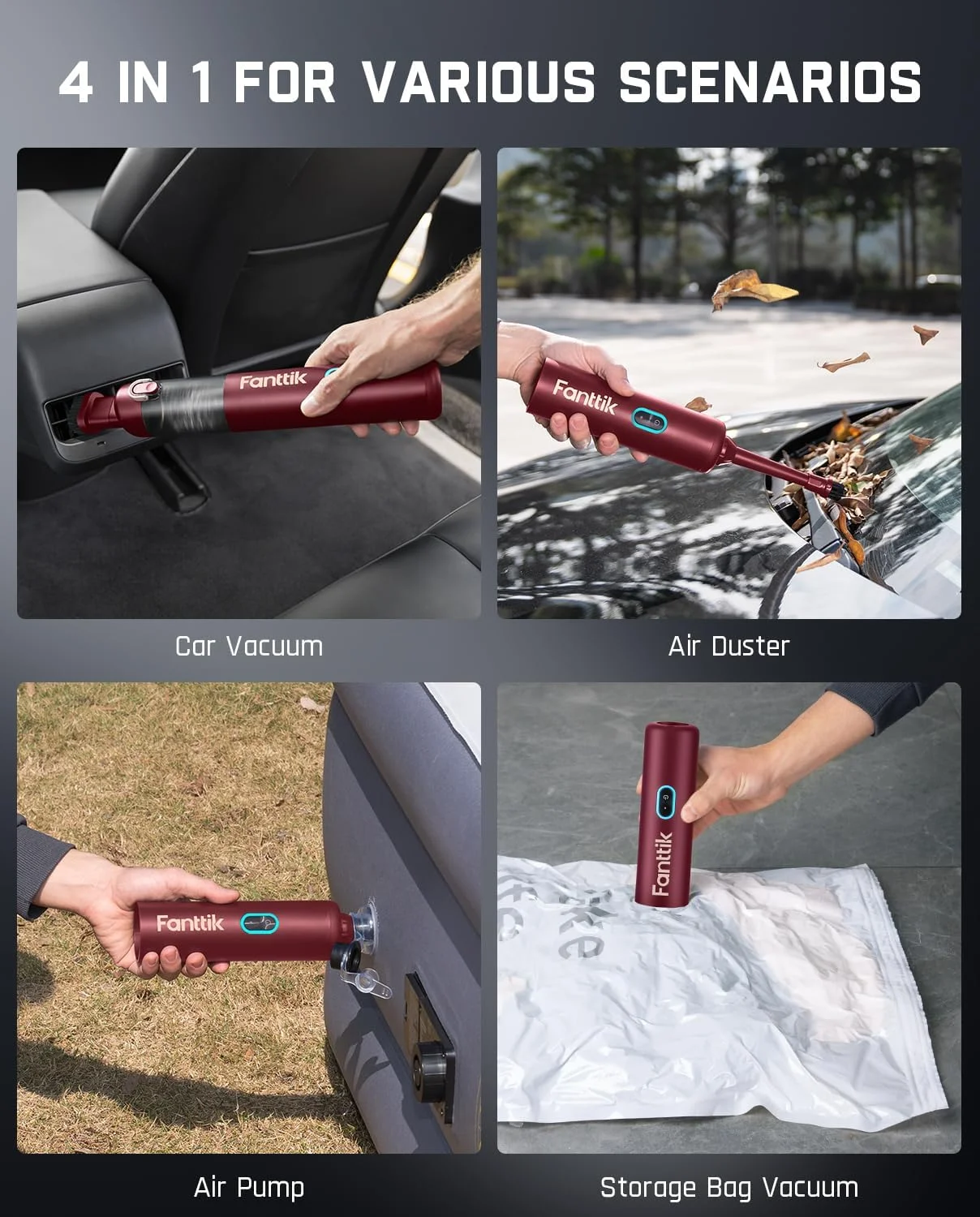 جاروبرقی خودرویی باریک Fanttik Slim V8 Apex، جاروبرقی کوچک قابل حمل 4 در 1 با قدرت مکش 19000pa، شارژ Type-C، 2 حالت مکش، جاروبرقی دستی برای خودرو، میز کار، کیبورد (قرمز)