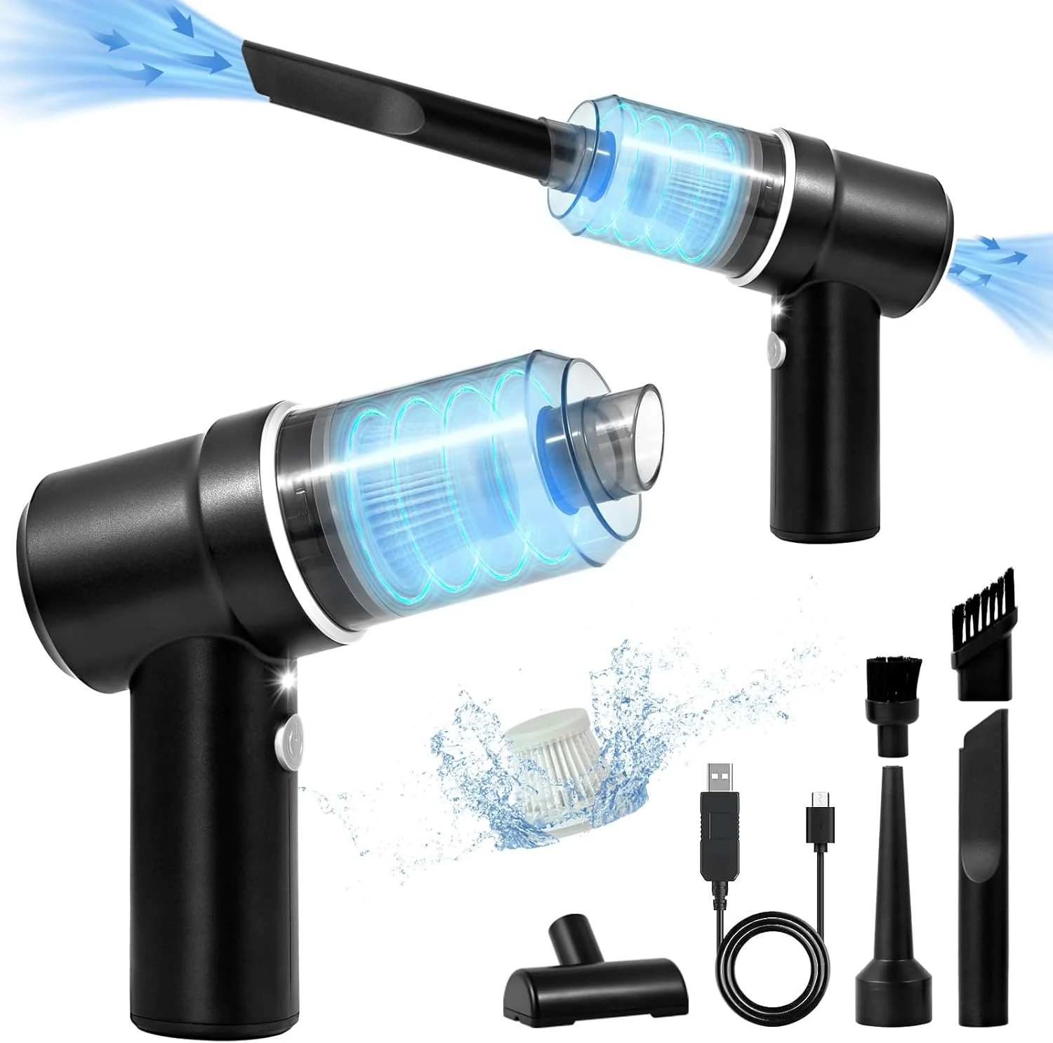 جاروبرقی دستی خودرو Gorunning، جاروبرقی کوچک قابل شارژ، قدرت بالای 9000PA 120W، دمنده هوا 2 در 1 با چراغ LED، جاروبرقی قابل حمل برای خودرو، خانه، دفتر، حیوانات خانگی، مشکی