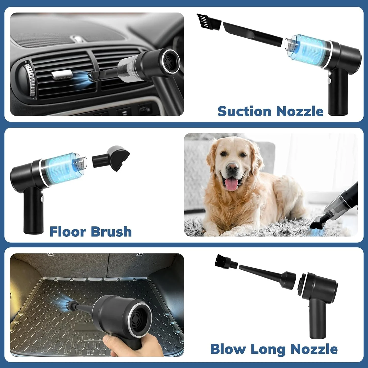 جاروبرقی دستی خودرو Gorunning، جاروبرقی کوچک قابل شارژ، قدرت بالای 9000PA 120W، دمنده هوا 2 در 1 با چراغ LED، جاروبرقی قابل حمل برای خودرو، خانه، دفتر، حیوانات خانگی، مشکی