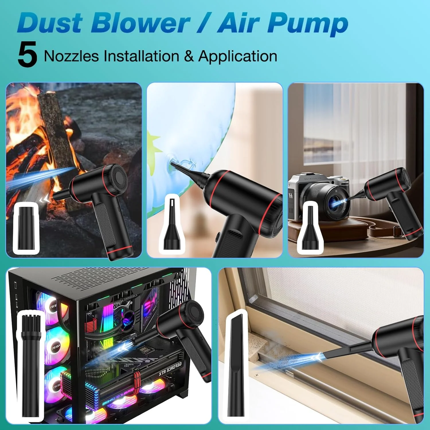 دمنده هوا و جاروبرقی Fanisic، مینی دمنده/پمپ شارژی 3 در 1 بی سیم، 3 سرعته 100000 دور در دقیقه، دمنده هوای قابل حمل و جاروبرقی خودرو با چراغ LED و نازل های متعدد برای صفحه کلید، خودرو، خانه
