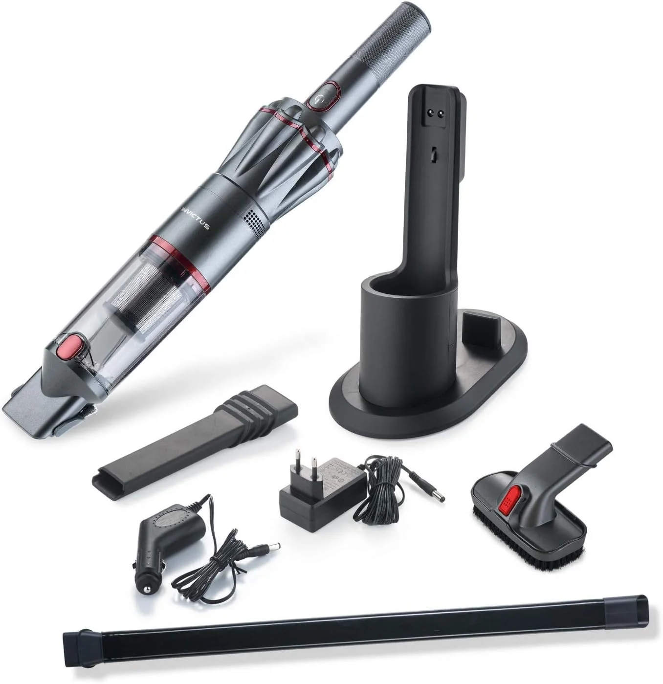 جاروبرقی دستی نابغه Invictus One 1.0، یازده تکه، خاکستری، بدون کیسه و بی سیم با قدرت 11000 PA، فیلتر HEPA، باتری لیتیوم یونی، برس موی حیوانات، لوازم جانبی خودرو، نازل انعطاف پذیر درزگیری