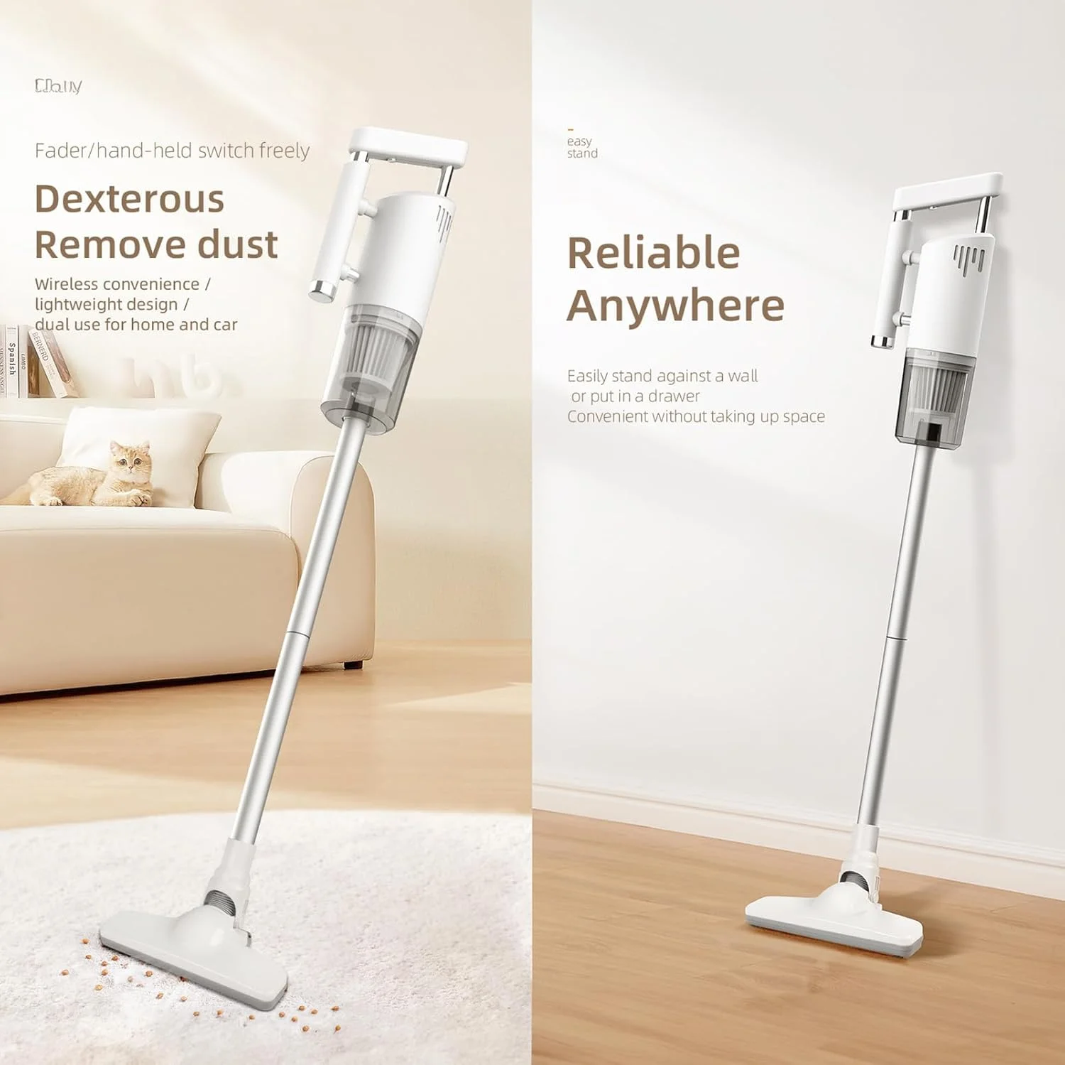 جاروبرقی عصایی/دستی بی‌سیم، تمیز کننده چند منظوره 5 در 1 با قابلیت مکش و طی کشیدن، قابل حمل، مکش قوی، مناسب برای منزل، دفتر، خوابگاه و خودرو (سفید)