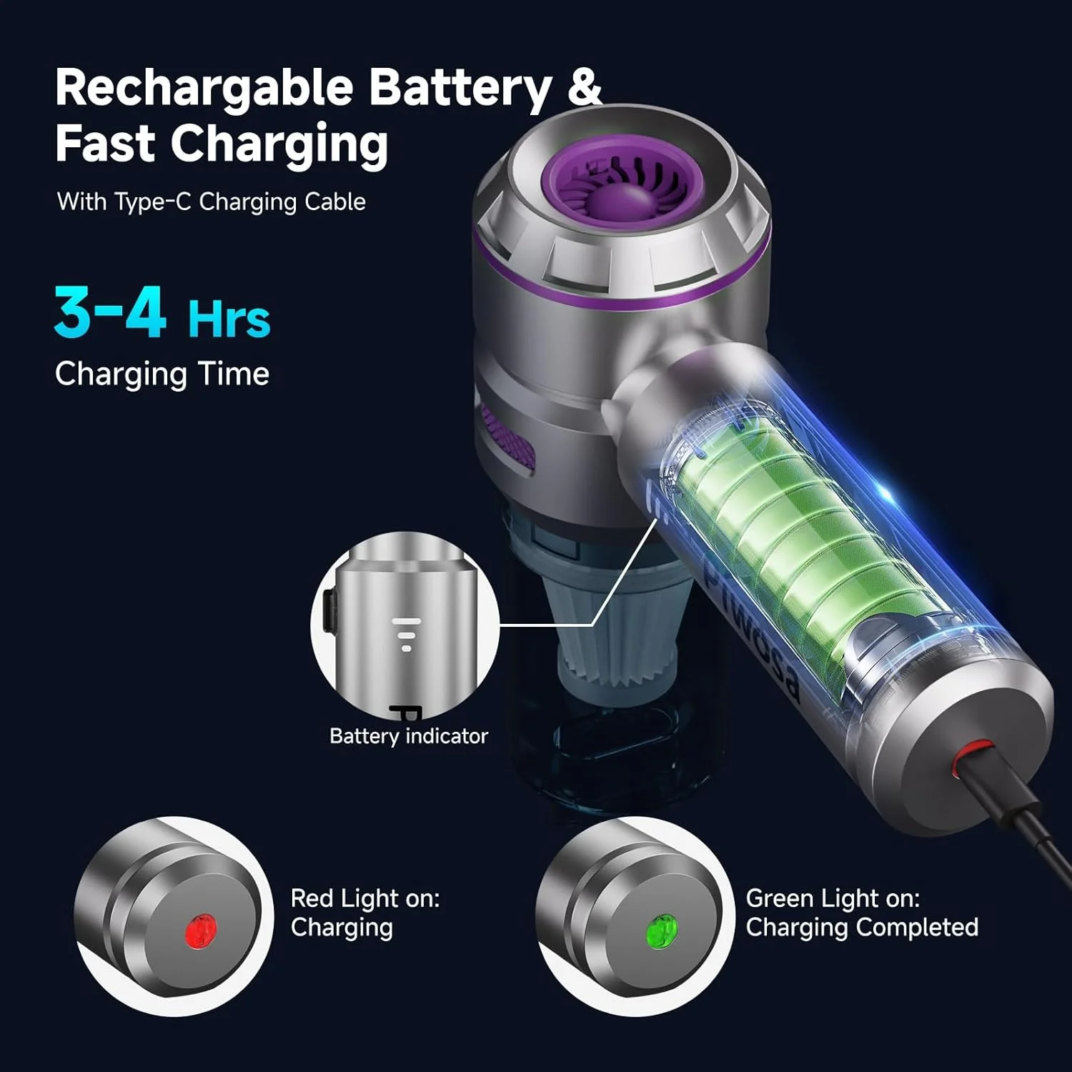 جاروبرقی دستی بی سیم، جاروبرقی خودرو با موتور براشلس، مکش قوی و گردگیر هوای فشرده با چراغ LED، پورت Type C، دمنده جاروبرقی دستی مینی قابل حمل بی سیم برای خانه، حیوانات خانگی