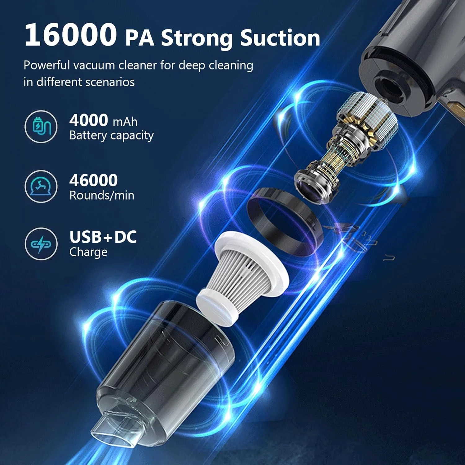 جاروبرقی دستی 16000Pa، جاروبرقی و دمنده هوای 3 در 1 بی سیم، شارژ دیجیتال، جاروبرقی قدرتمند 120 واتی قابل شارژ خشک و مرطوب با چراغ LED و نازل های چندگانه برای ماشین، خانه، دفتر، حیوانات خانگی