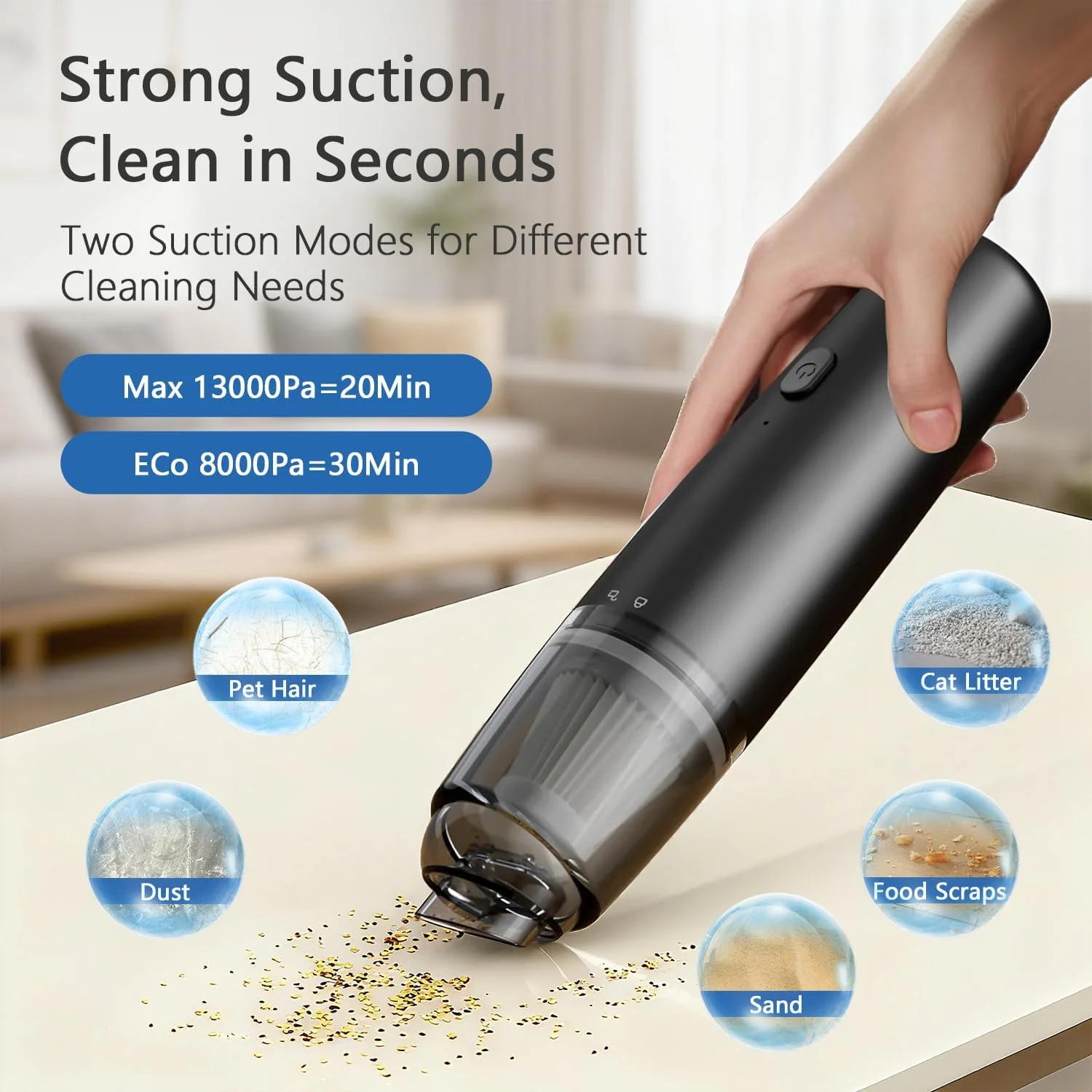جاروبرقی دستی بی سیم، جاروبرقی خودرو قابل حمل با فیلتر HEPA، 2 حالت مکش، جاروبرقی کوچک قابل شارژ برای خودرو، خانه، موی حیوانات خانگی، دفتر، میز، کیبورد (مشکی)