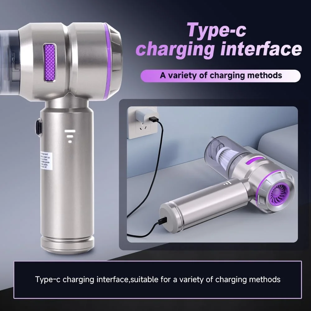 جاروبرقی دستی بی سیم، جاروبرقی دستی فشرده بی سیم با شارژ Type-C، موتور براشلس 4 در 1 برای ماشین، خانه، دفتر (بنفش)